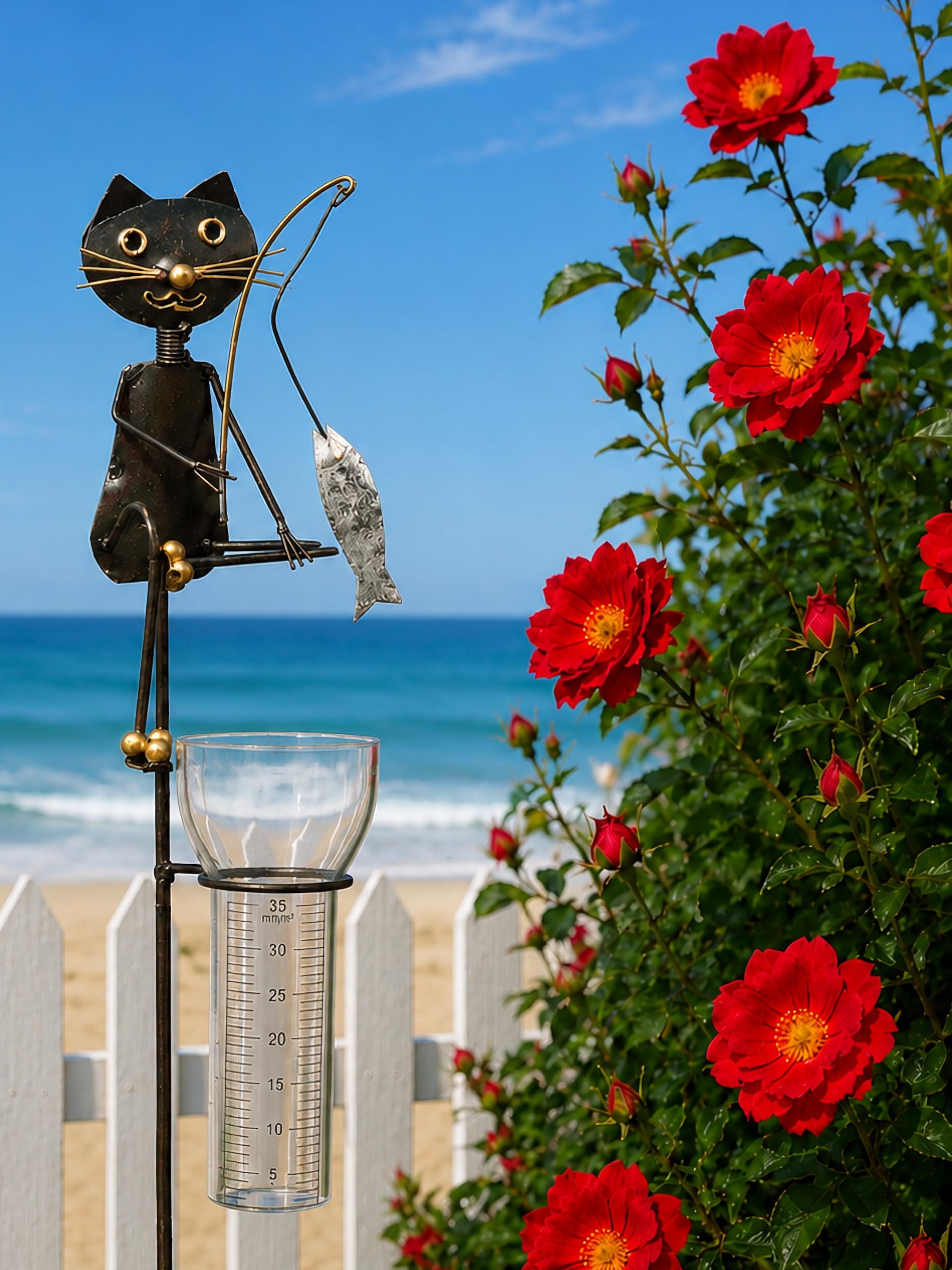 Pommerntraum ®| Regenmesser Ombrometer Katzen Gartendekoration Geschenkidee | Niederschlagsmesser Pluviometer Gartendeko Gartenstecker Katzenfigur Gartenfigur Gartenaccessoires (Katze Kater angelt Fisch)