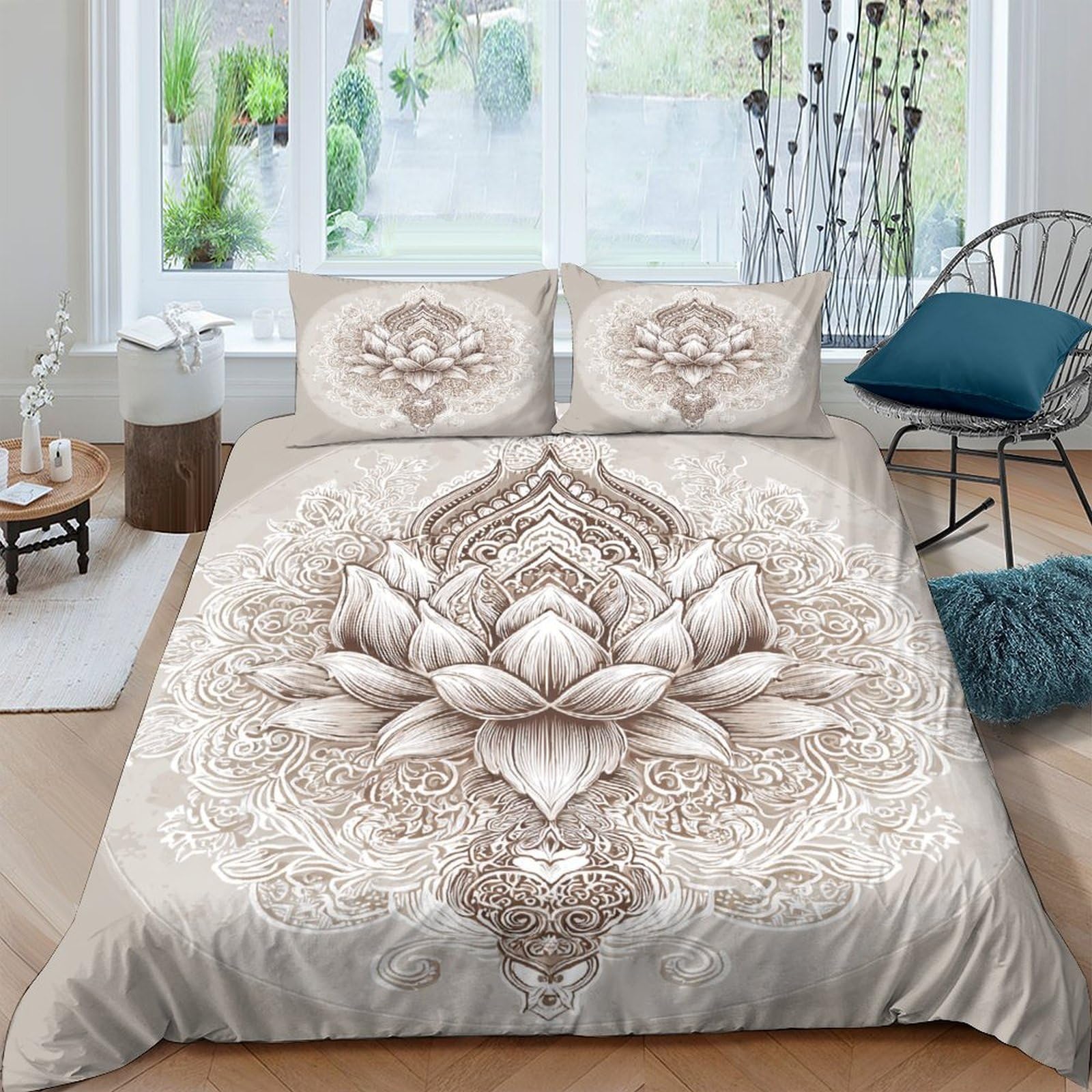 Ctjqhvkz Style-1 3D Printed Beige Lotus Fitted Sheet Microfiber Soft Artistic Mandala Bed Cover For Bedroom Dorm Decor Protection Single（135X200cm）