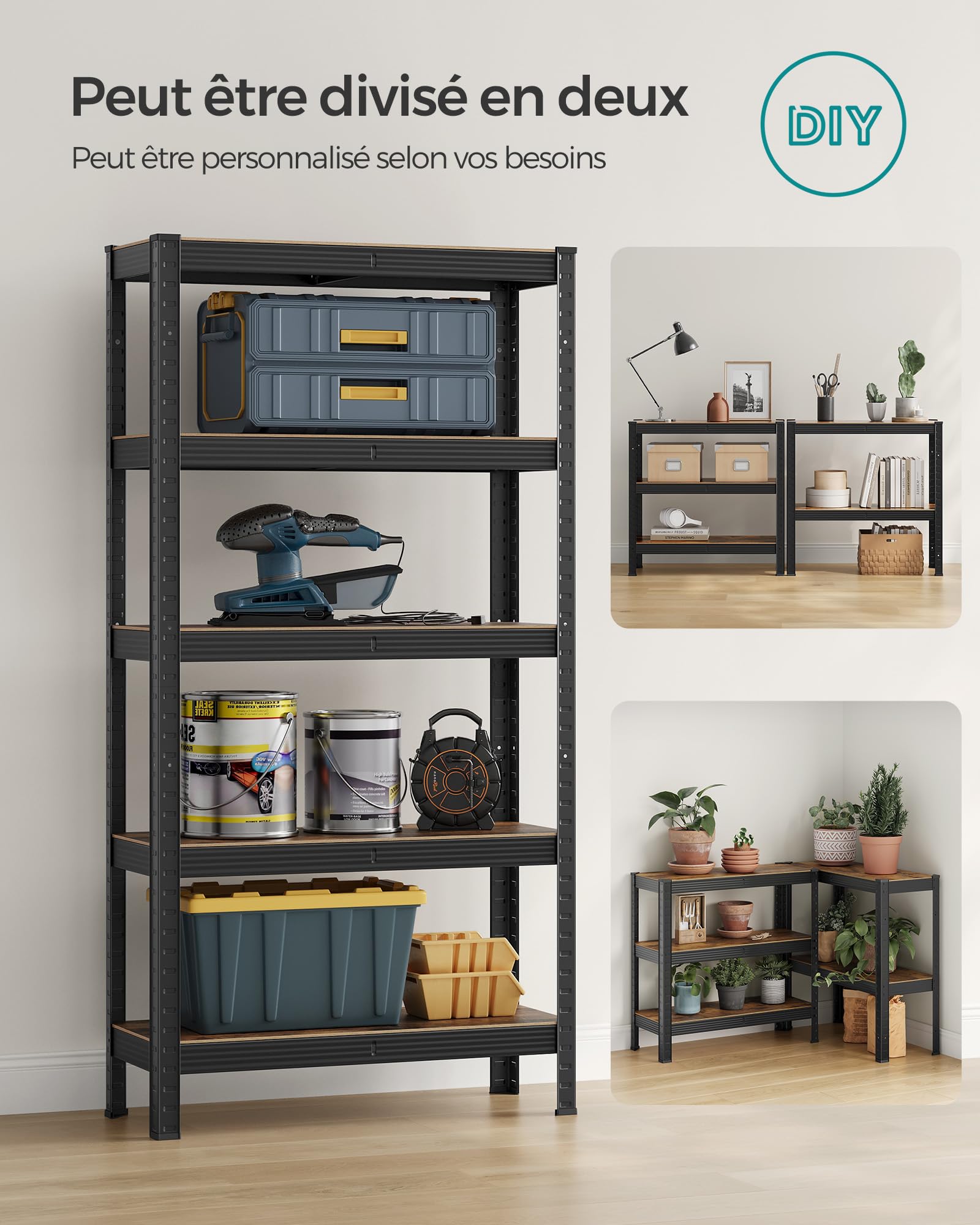 SONGMICS Étagère de Rangement à 5 Niveaux, 30 x 75 x 150 cm, Capacité 650 kg, Planches Réglables, Style Industriel, pour Cuisine, Salon, Marron Rustique et Noir GLR030B01