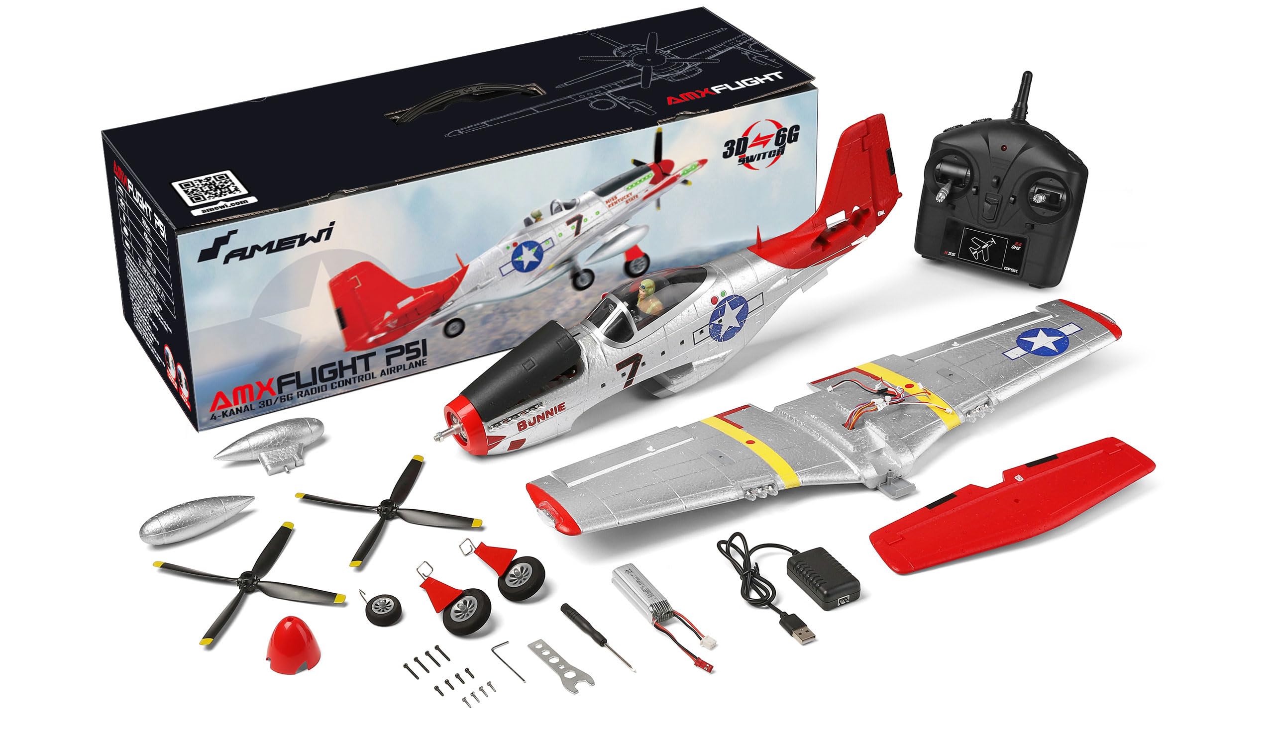 Amewi 24127 AMXFlight P51 4-Kanal 3D/6G RTF, Rot