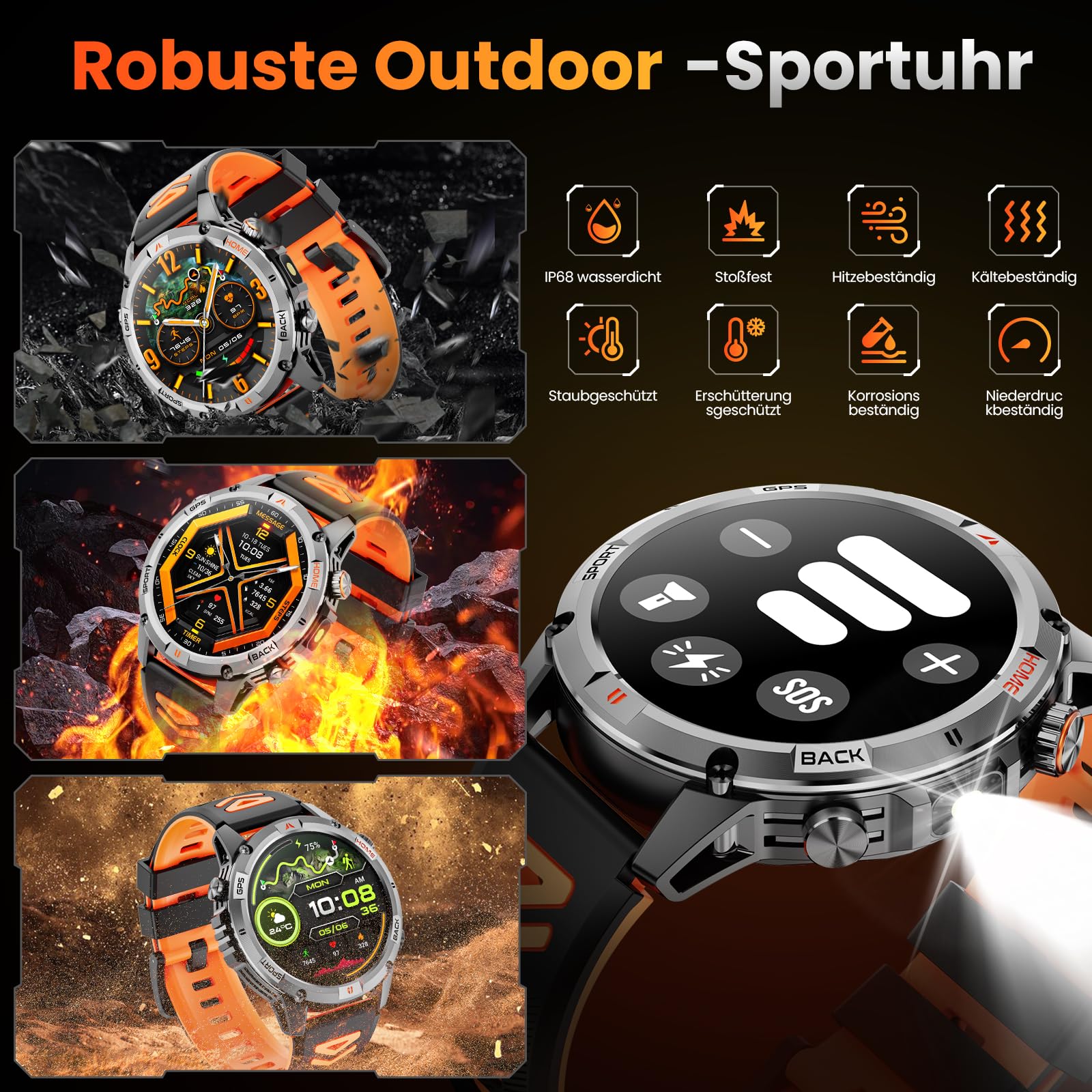 Smartwatch Herren GPS, 1,46" HD Men's Militär Smart Watch, LED Taschenlampe, Kompass, 100+ Sportmodi Fitnessuhr, IP68 Wasserdicht Rund Sportuhr, Fitness Tracker Watch für iOS Android (Schwarz)