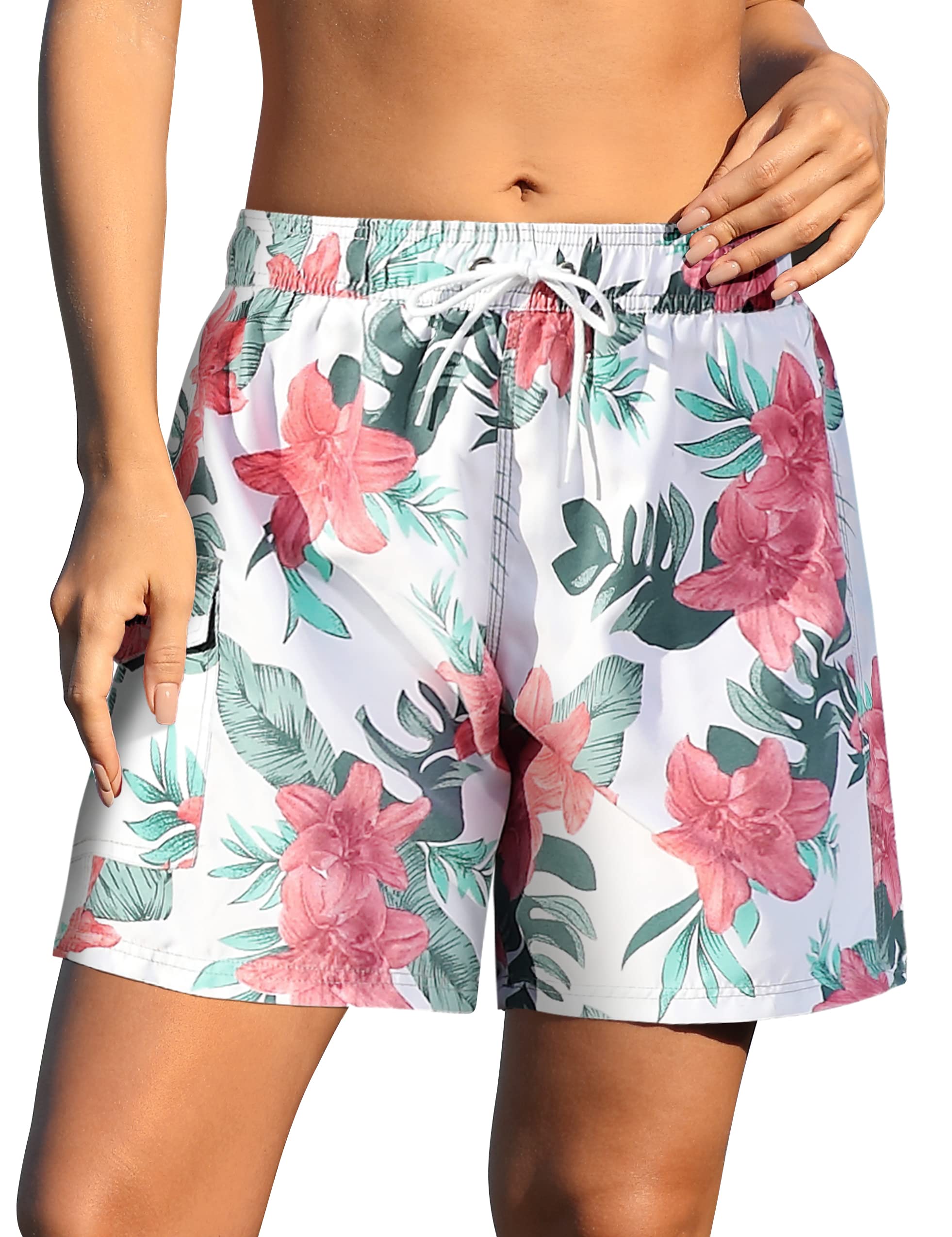 Rocorose Women's 5'' Boardshorts Summer Floral Beach Swimwear Quick Dry Swim Shorts with Mesh Liner