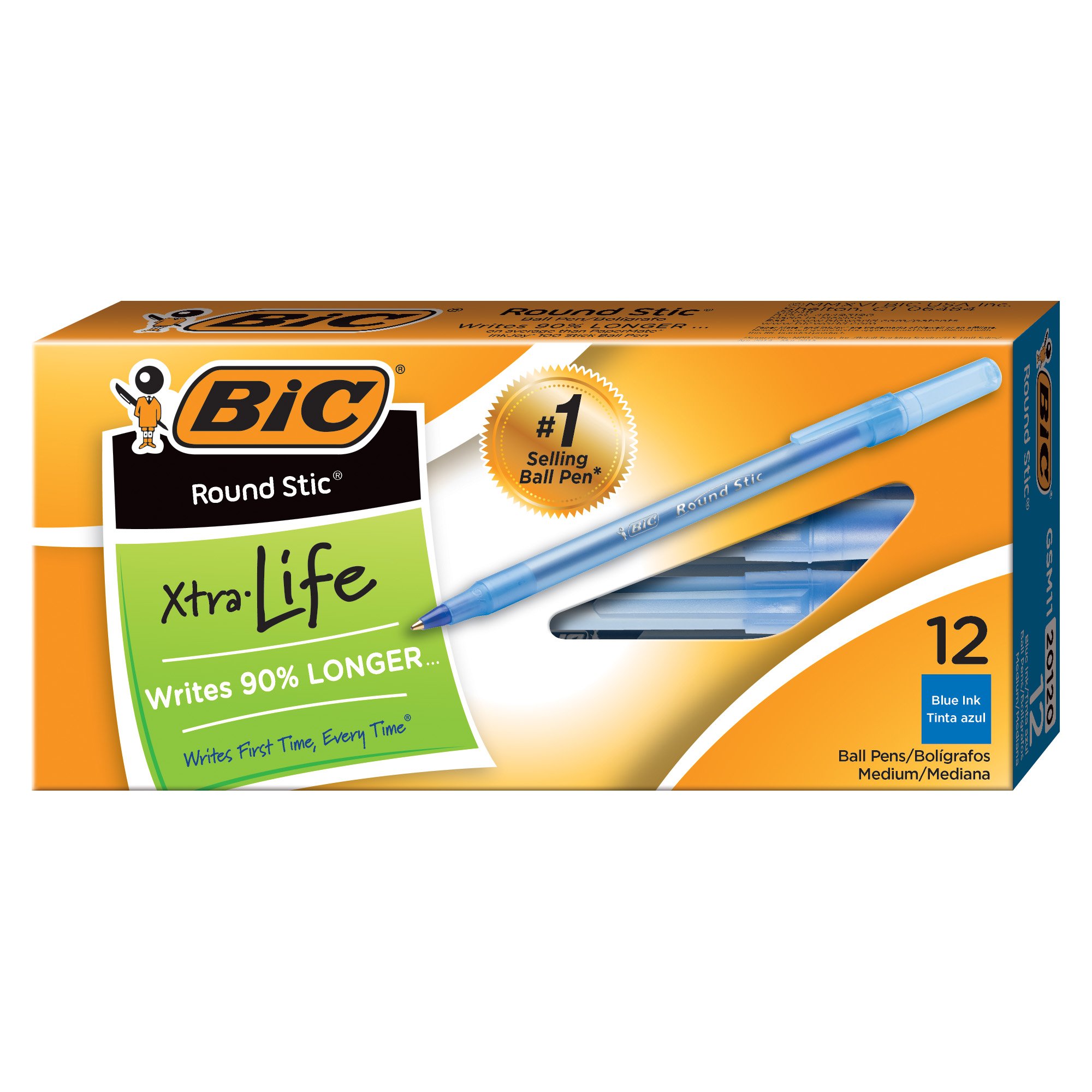 BIC Round Stic Xtra Life Ballpoint Pen, Medium Point (1.0mm), Blue, 12-Count