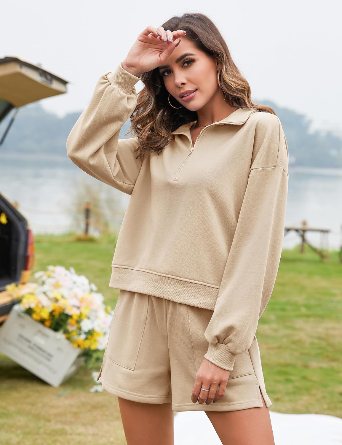 Flygo Women's Cotton 2 Piece Outfits Sweatsuit Lounge Sets Casual Half Zip Crop Top and High Waisted Shorts Tracksuit