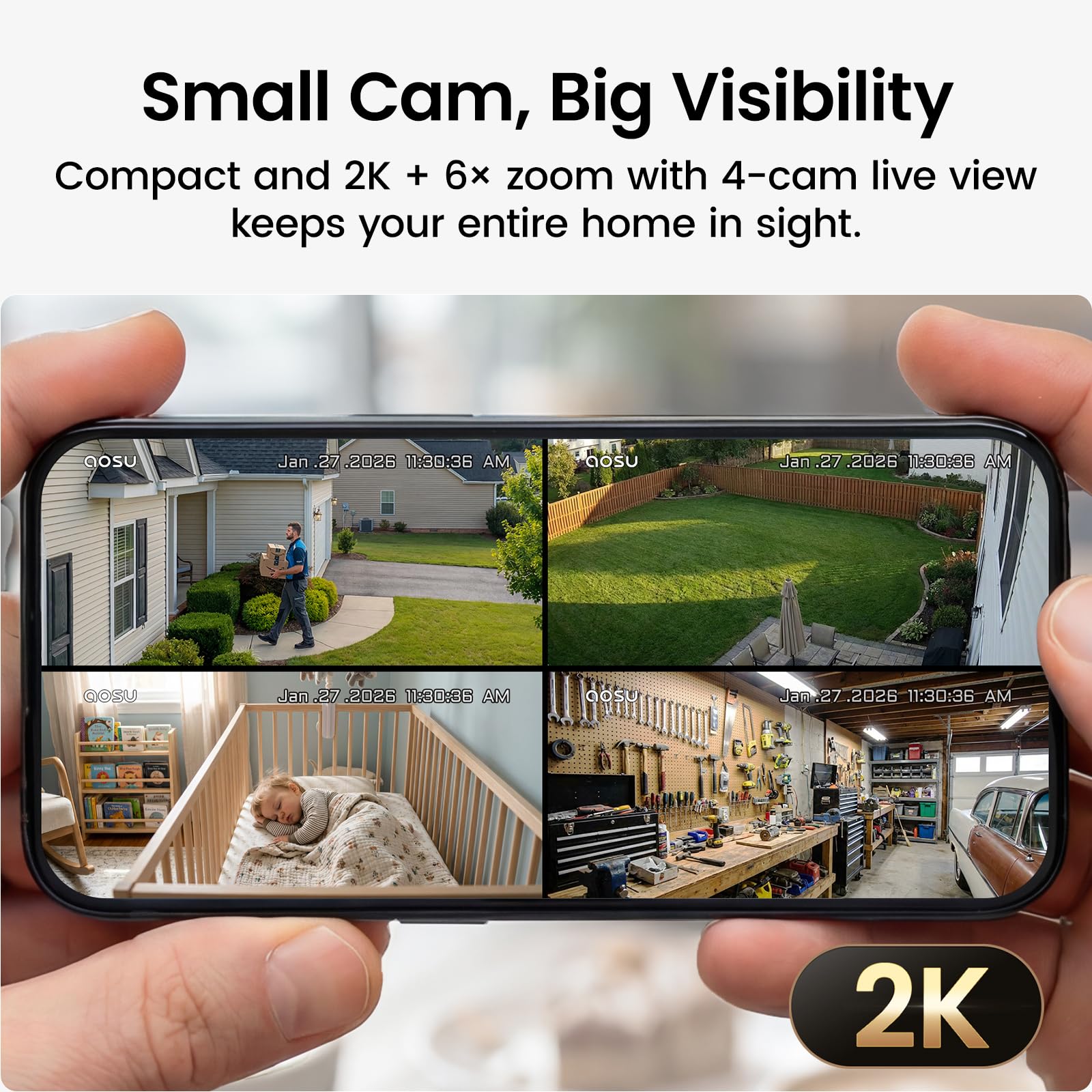 aosu Wireless Indoor/Outdoor Security Camera Kit with aosuBase Local Storage, 2K with 6X Zoom, 4-View Live, Cross-Camera Person Timeline, PIR + AI Human Detection, Color Night Vision, 4-Cam-Kit — view 6