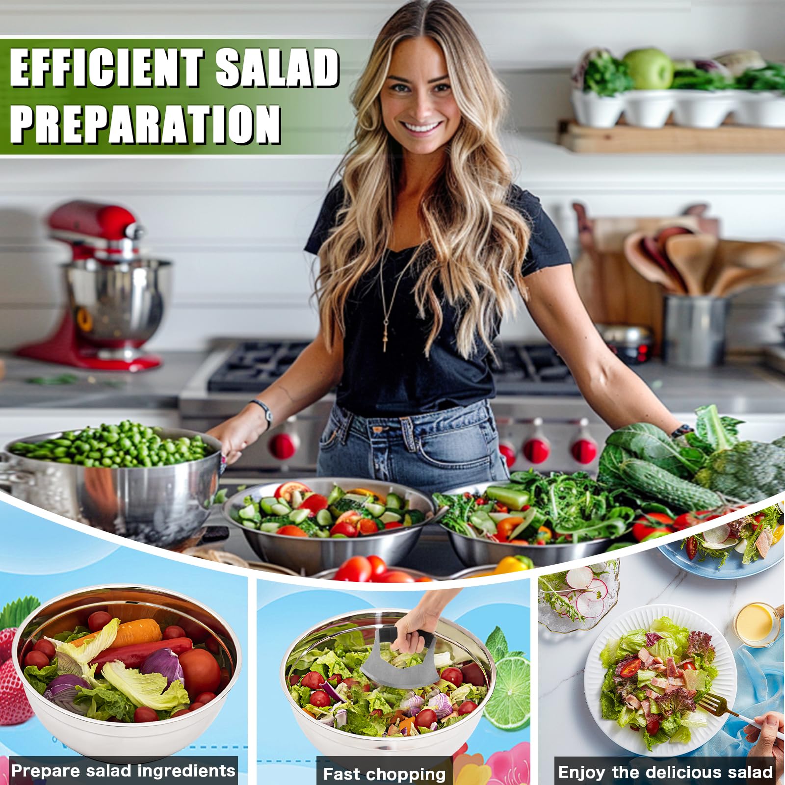 ZMCYNG Salatschüssel aus Edelstahl, Salatschüssel und Schneider mit Deckel, Klinge und Schüssel für Salate in Chefqualität, Zerkleinerer, Messer, Zubereitung