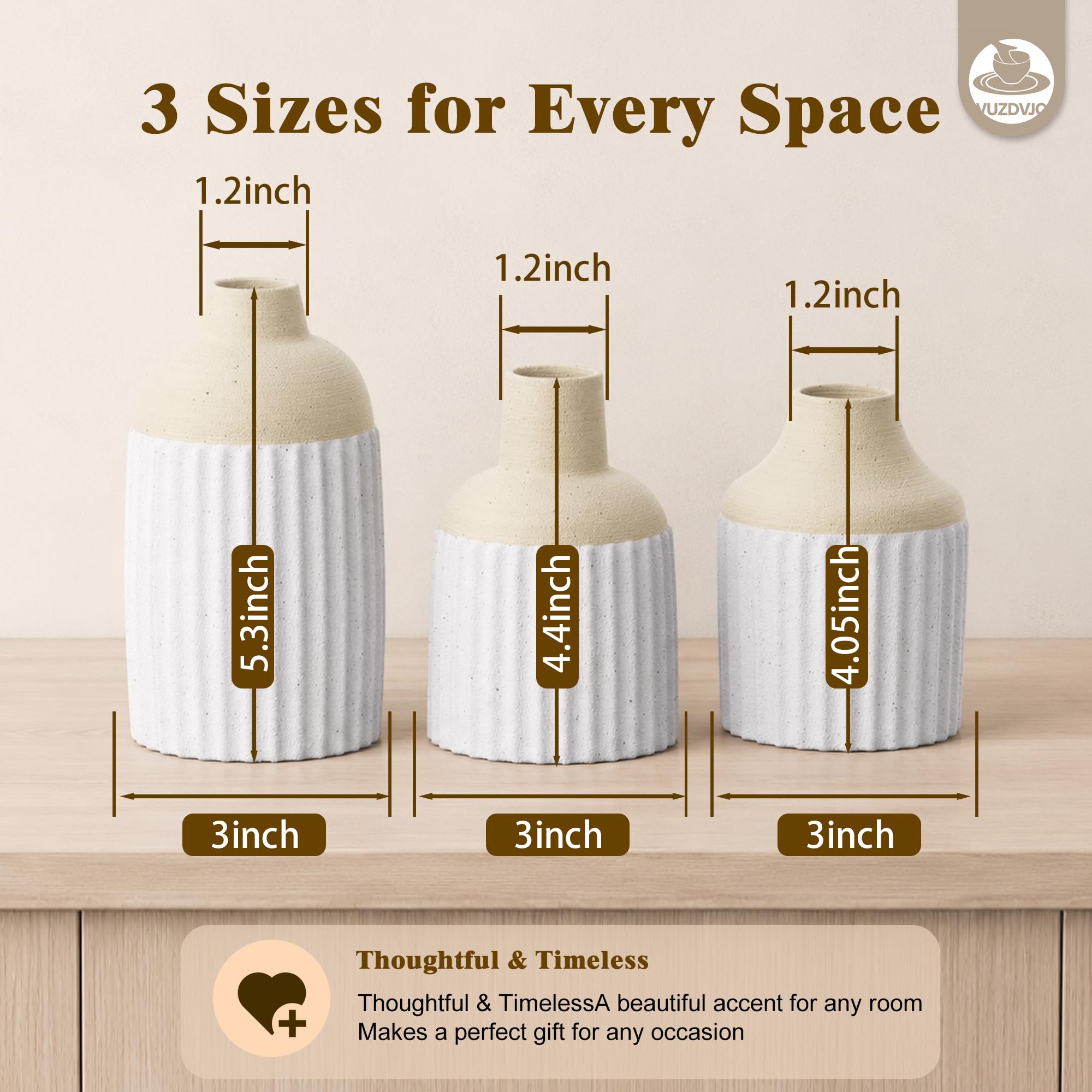 Juego de 3 jarrones de cerámica modernos y estéticos bohemios para decoración del hogar para cocina, comedor, dormitorio, oficina, sala de estar, baño y estantes, centro de mesa, decoración (beige