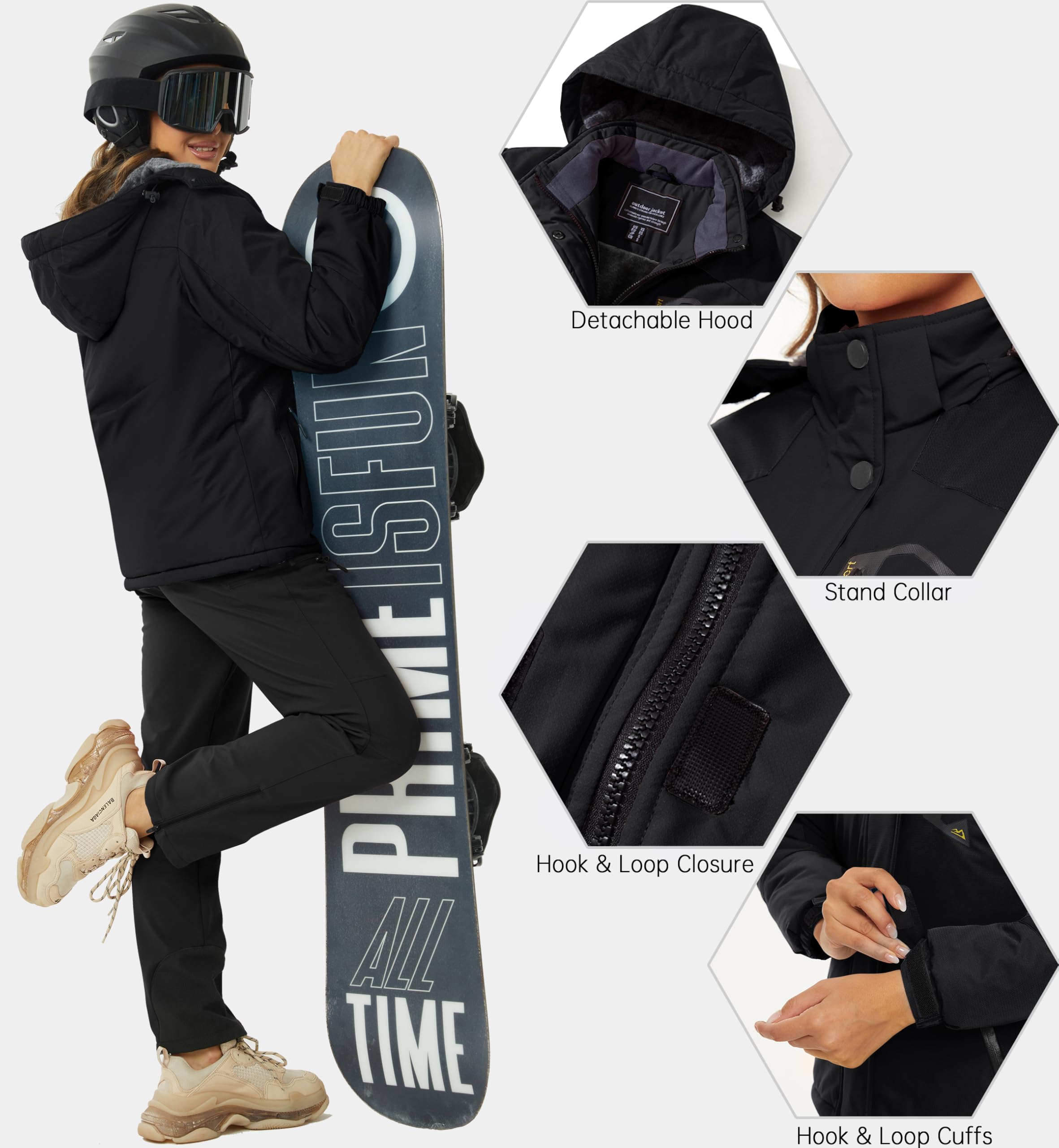 KEFITEVD Winterjacke Damen Warm Gefüttert Übergangsjacke Fleece Dicke Skijacke mit Abnehmbarer Kapuze und Reißverschlusstaschen Winddicht Winter Snowboardjacke