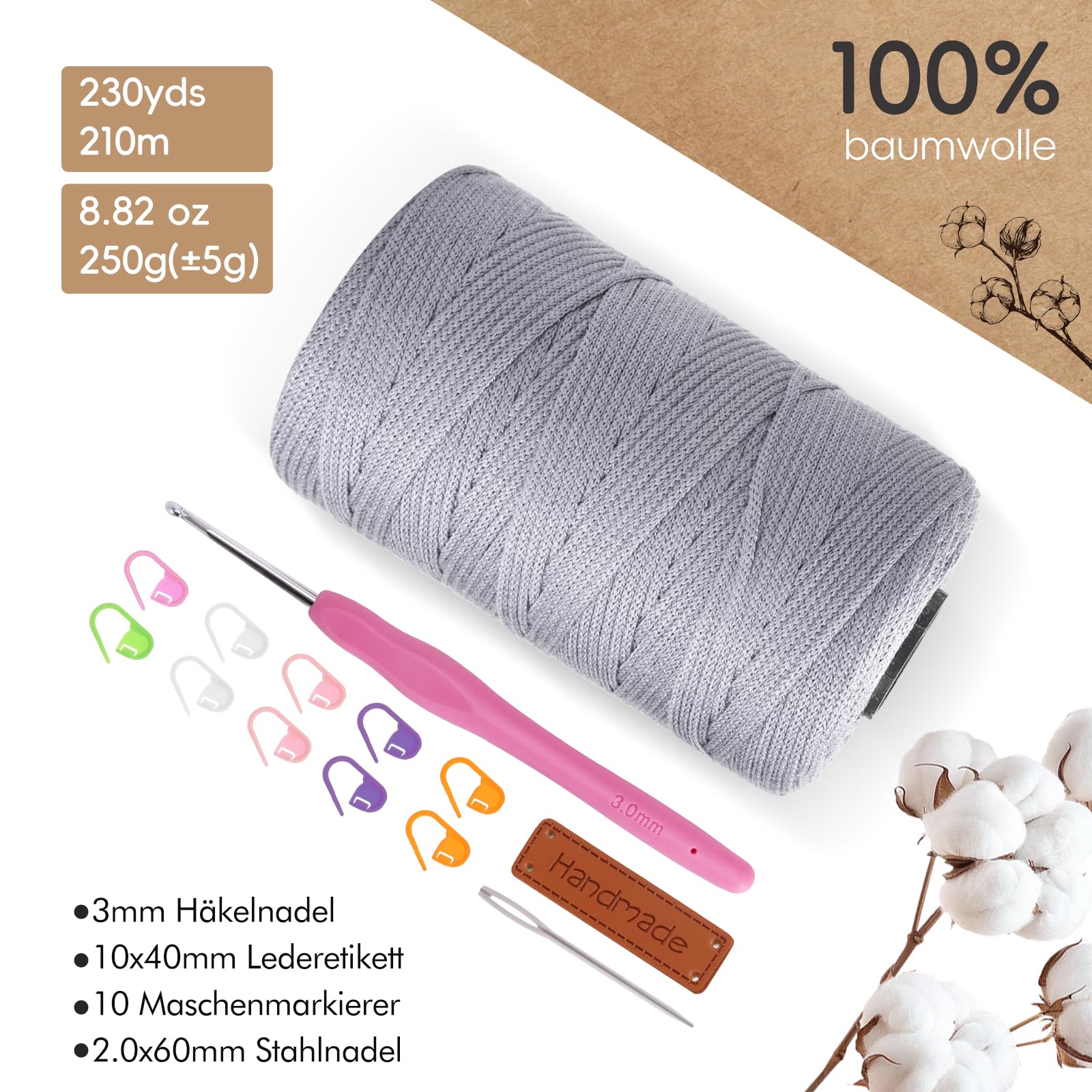 Renyiz Przędza do makramy 2,5 mm, 2 x 250 g, przędza bawełniana z 3 mm, do szydełkowania, do torebek i projektów rzemieślniczych, odpowiednia dla początkujących Cotton Yarn