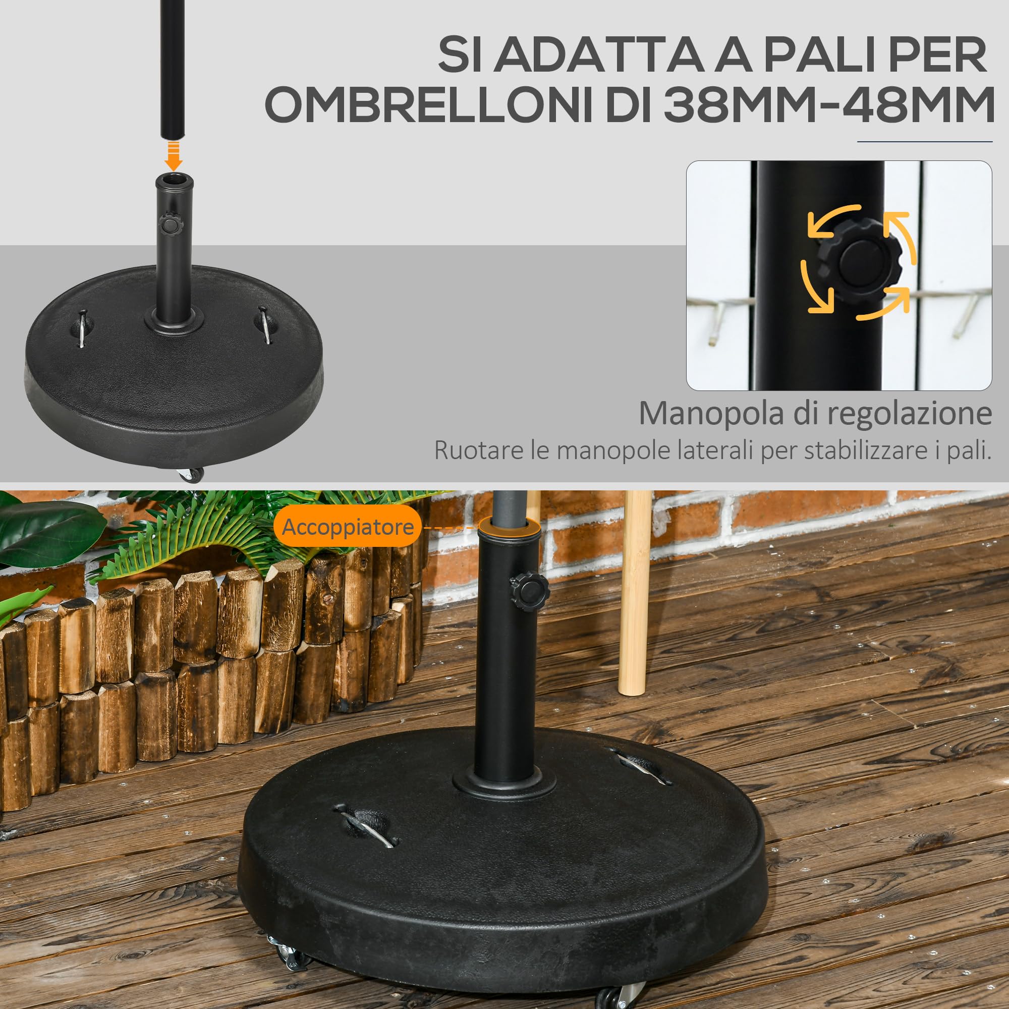Outsunny Base per Ombrellone da 25kg con 2 Manovelle Rotelle Ø53x41 cm Nera