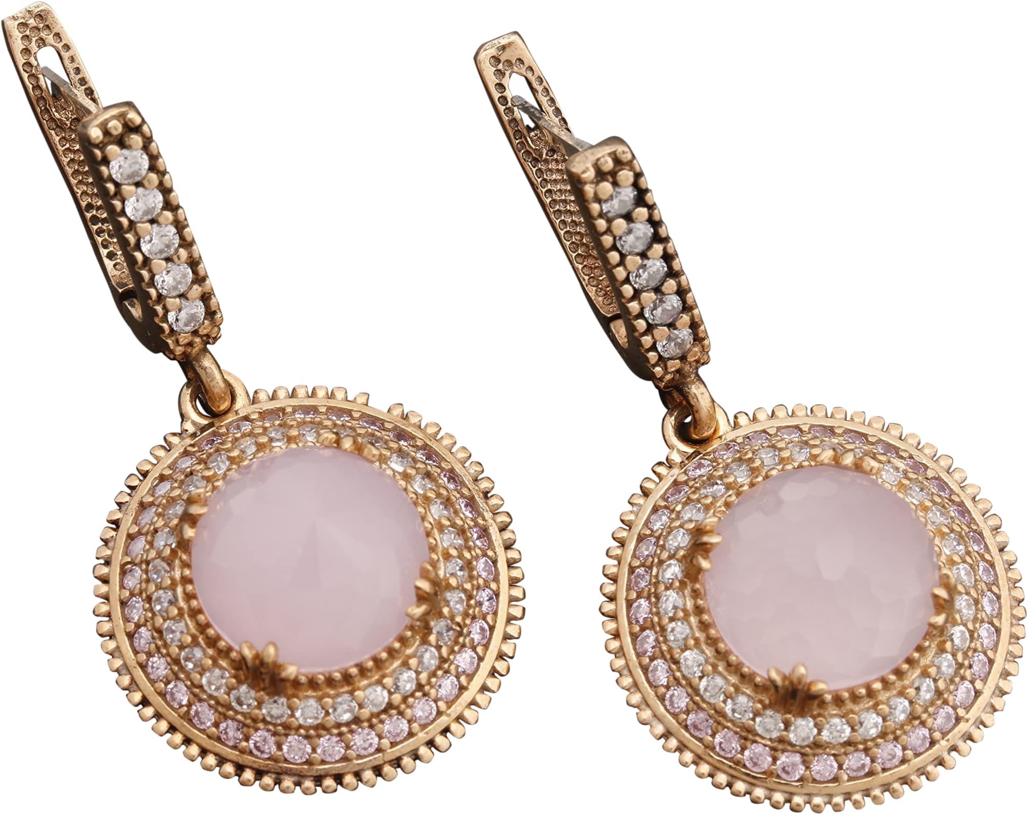 Turkish Handmade Jewelry Round Shape Pink Quartz and Round Cut Topaz 925 Sterling Silver Dangle/Drop Earrings