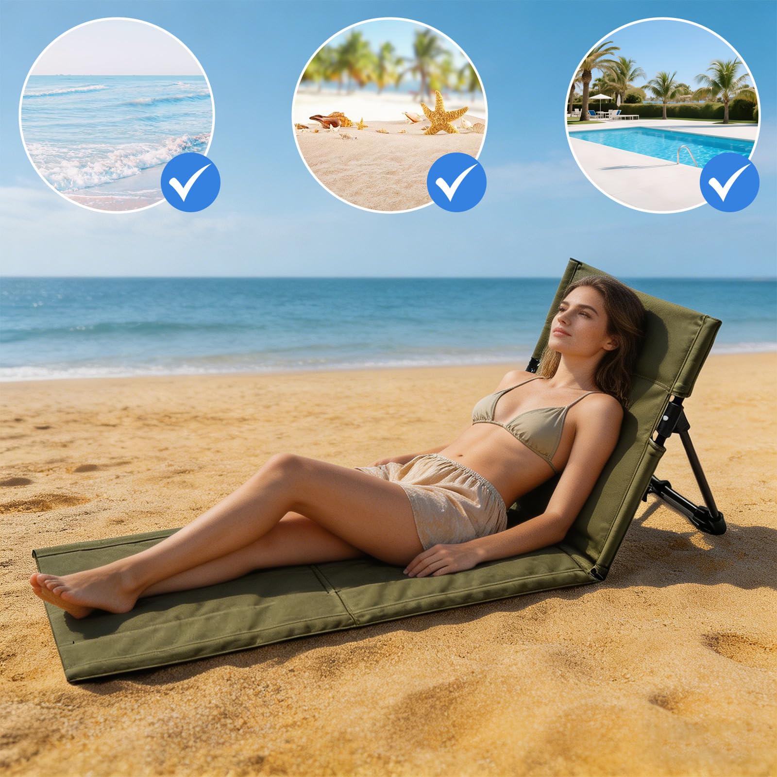Tapis de Plage avec Dossier, Chaise de Plage avec Sac de Rangement, Transat Plage, Siege de Plage Pliable Portable Leger, Chaise de Sol Pliable pour Le Camping, Les Voyages (Vert Militaire 2, Long)