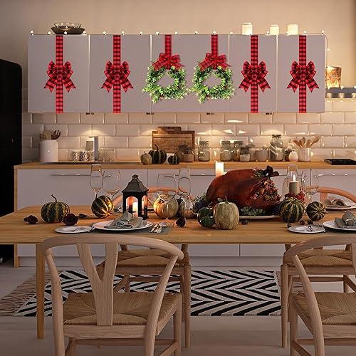 Miniatura 6 de Jexine Juego de 6 piezas de decoración navideña para gabinetes de cocina, 4 lazos de cinta para gabinete, lazos navideños grandes festivos y 2