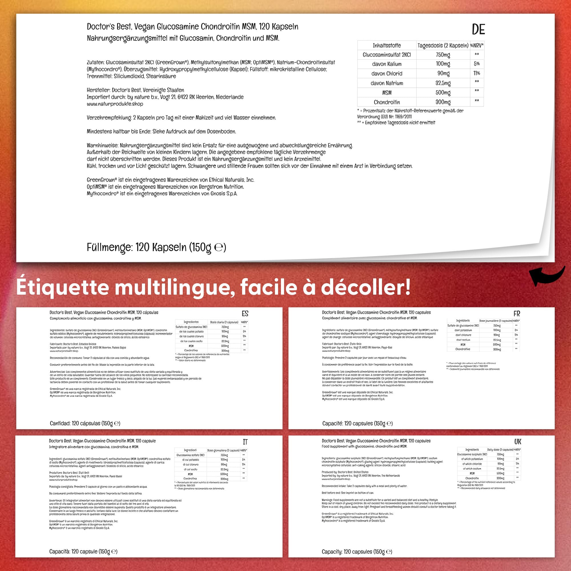 Doctor's Best, Vegan Glucosamine Chondroitin MSM, Haute Dosé, 120 Capsules végétaliennes, Sans Gluten, Végétarien, Sans Soja, Sans OGM