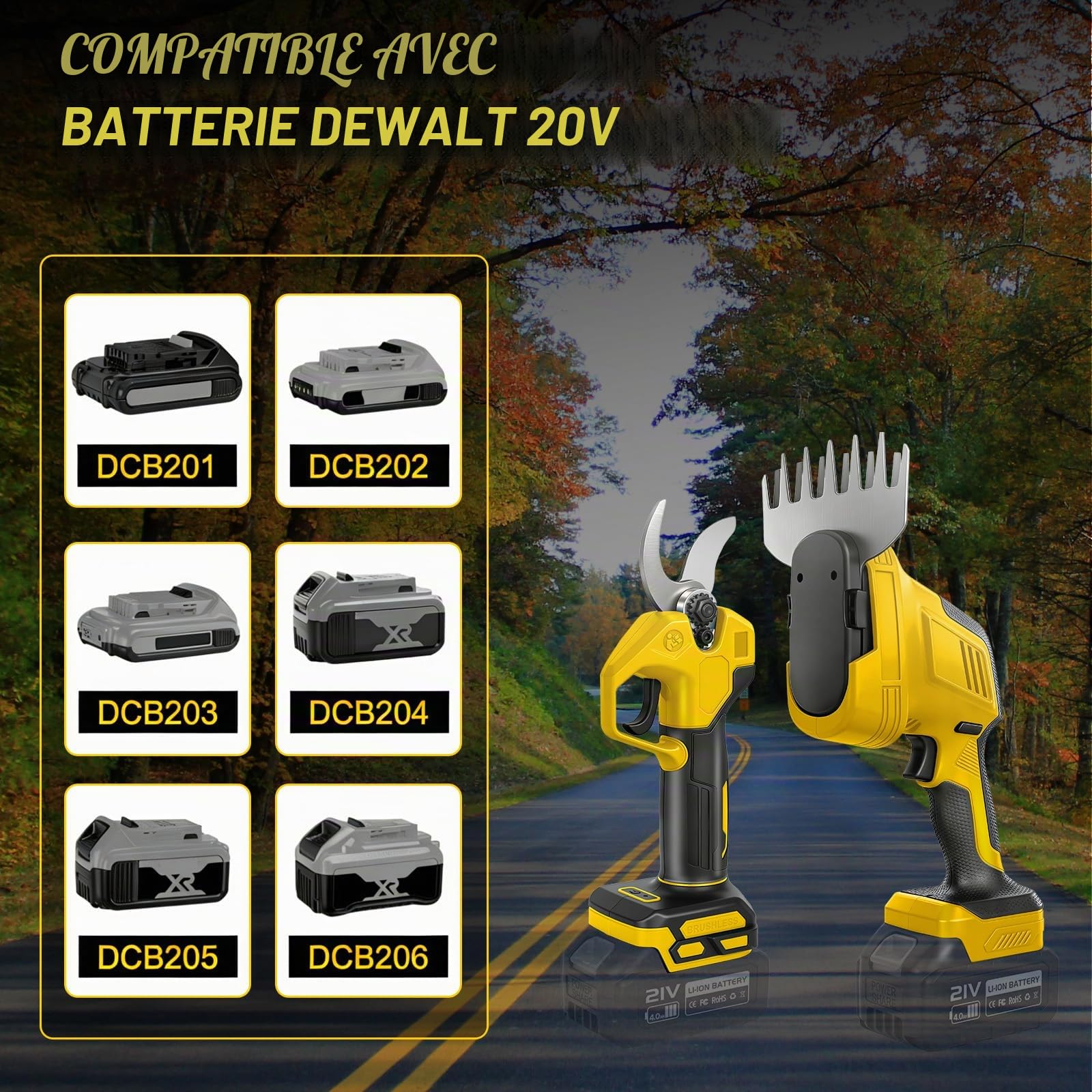 Taille-haie et sécateur électrique sans Fil 5-en-1 avec Manche télescopique Compatible Batterie DeWalt 20V, Longueur réglable 100–200cm, tête pivotante 0–180°, sécateur électrique pour Jardin