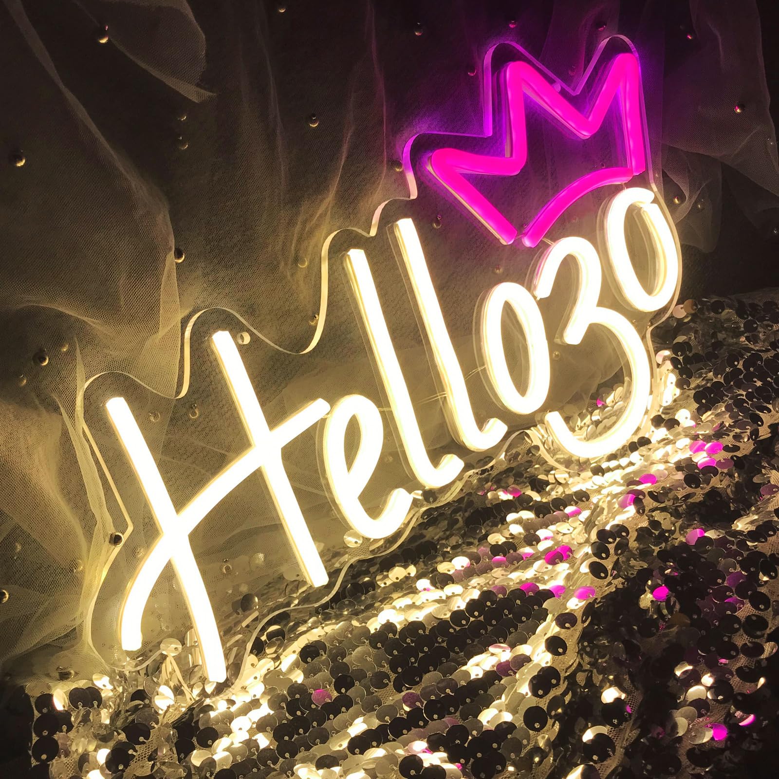 Hello 30 Warm White LED Neon Sign, Birthday Party Decoration, 5V Power on USB Plug, Adjustable Light, Reusable Bar and Restaurant Decoration Sign