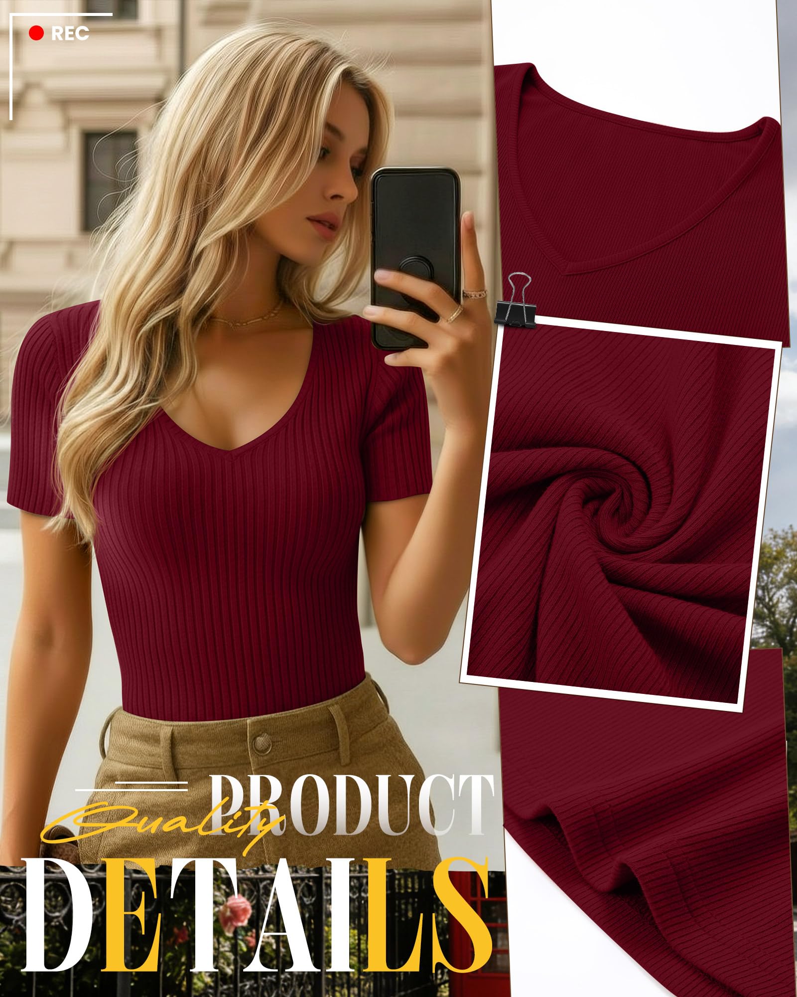Neer Lot de 4 t-shirts à col en V en coton côtelé à manches courtes et coupe ajustée pour femme