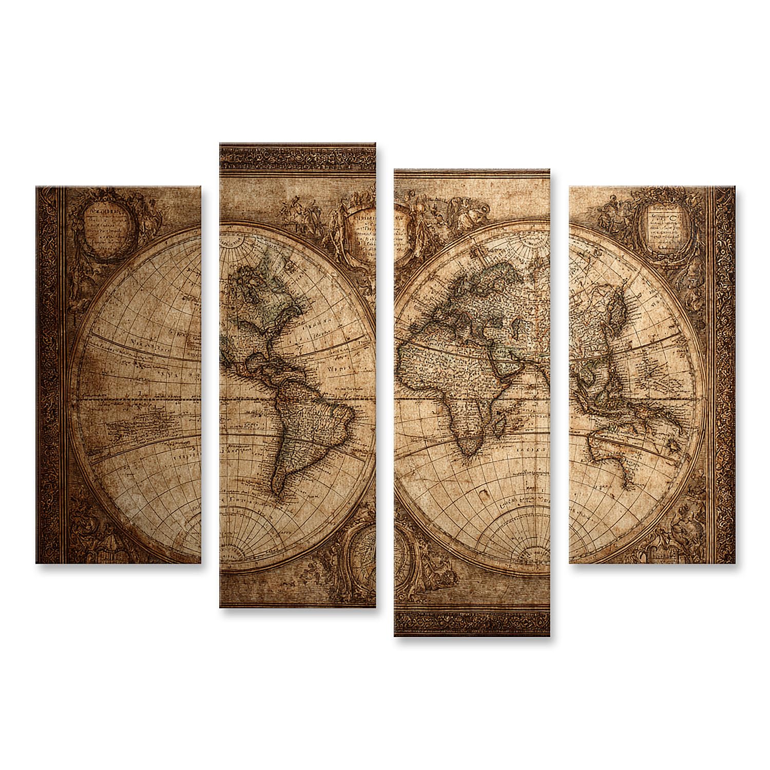 islandburner Quadro su tela vintage mappa del mondo su pergamena in stile antico, 4 pezzi