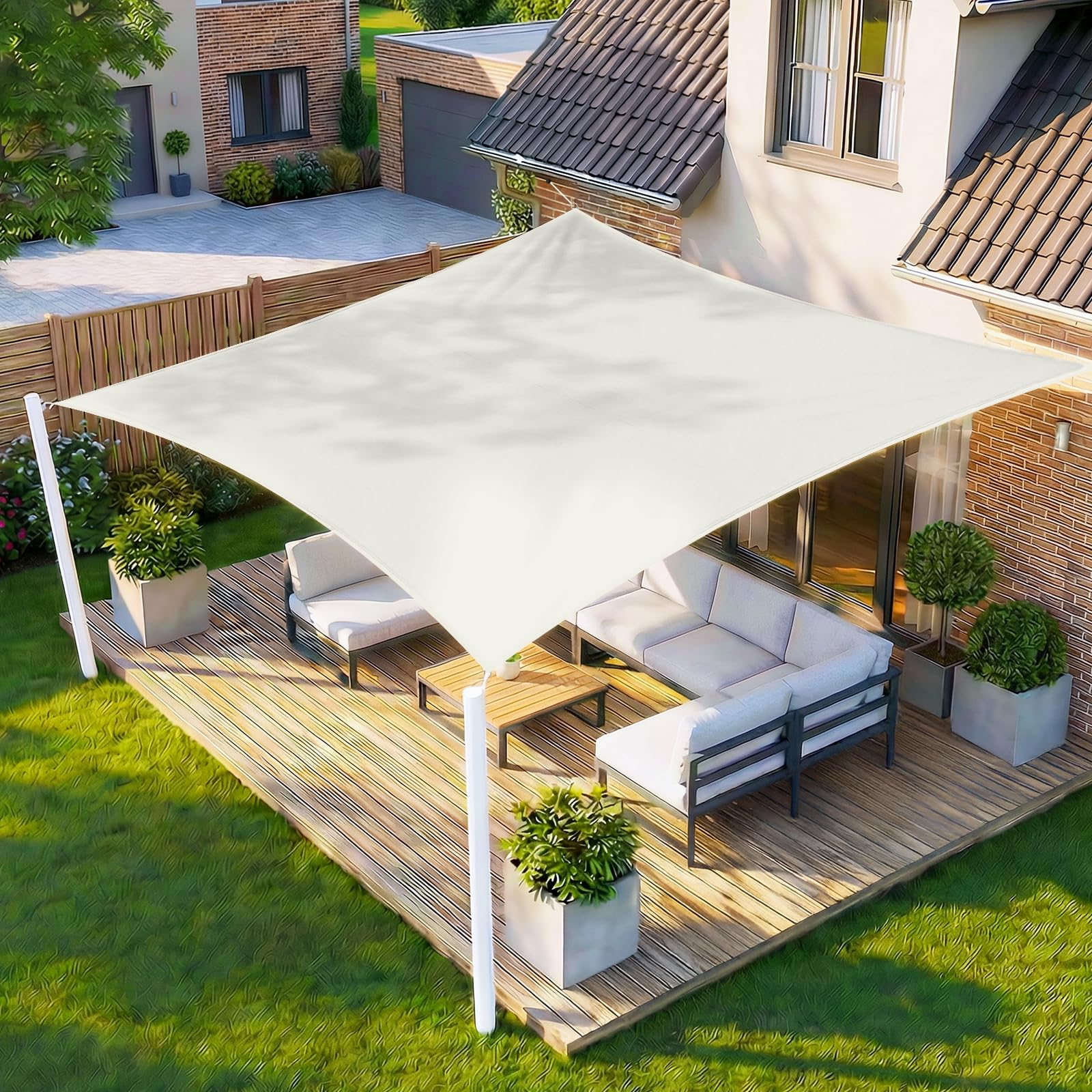 HENG FENG Sonnensegel 5x6m Rechteckig Wasserdicht mit 95% UV-Schutz Sonnenschutz für Garten Terrasse Balkon | Wetterfest & Windstabil aus hochwertigem PES Polyester | Beige