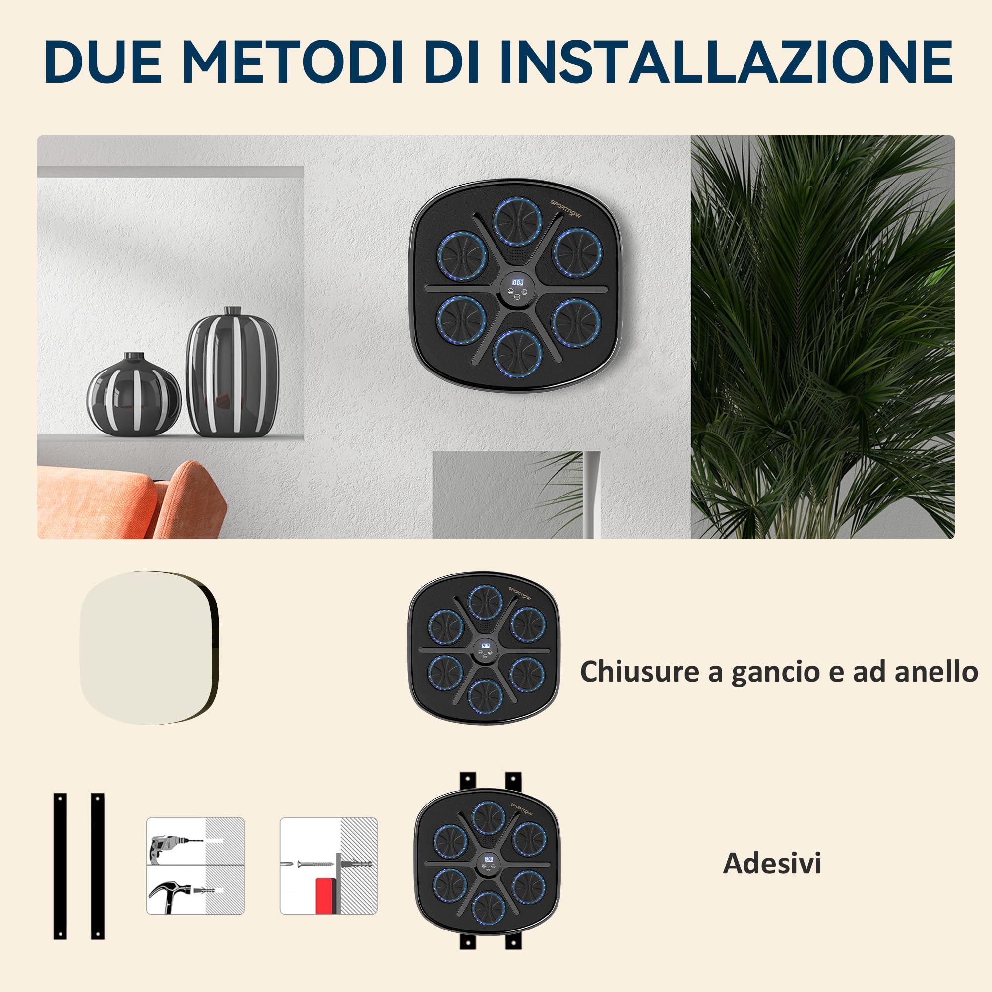 SPORTNOW Macchina da Boxe Musicale a Parete con 9 velocità e modalità, Music Boxing Machine con Connessione Bluetooth e Guanti a Mezze Dita in PU, ABS, PP e Acrilico, Nero