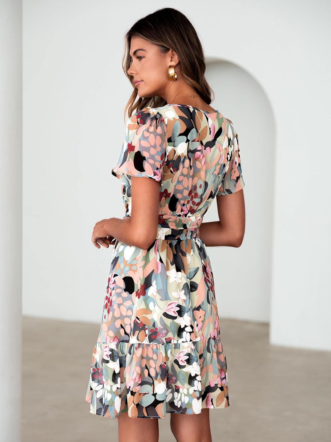 Simplee Women 2026 Floral Summer Short Dress Short Sleeves V Neck Chiffon A-Line Casual Flowy Boho Mini Dresses - Image 3