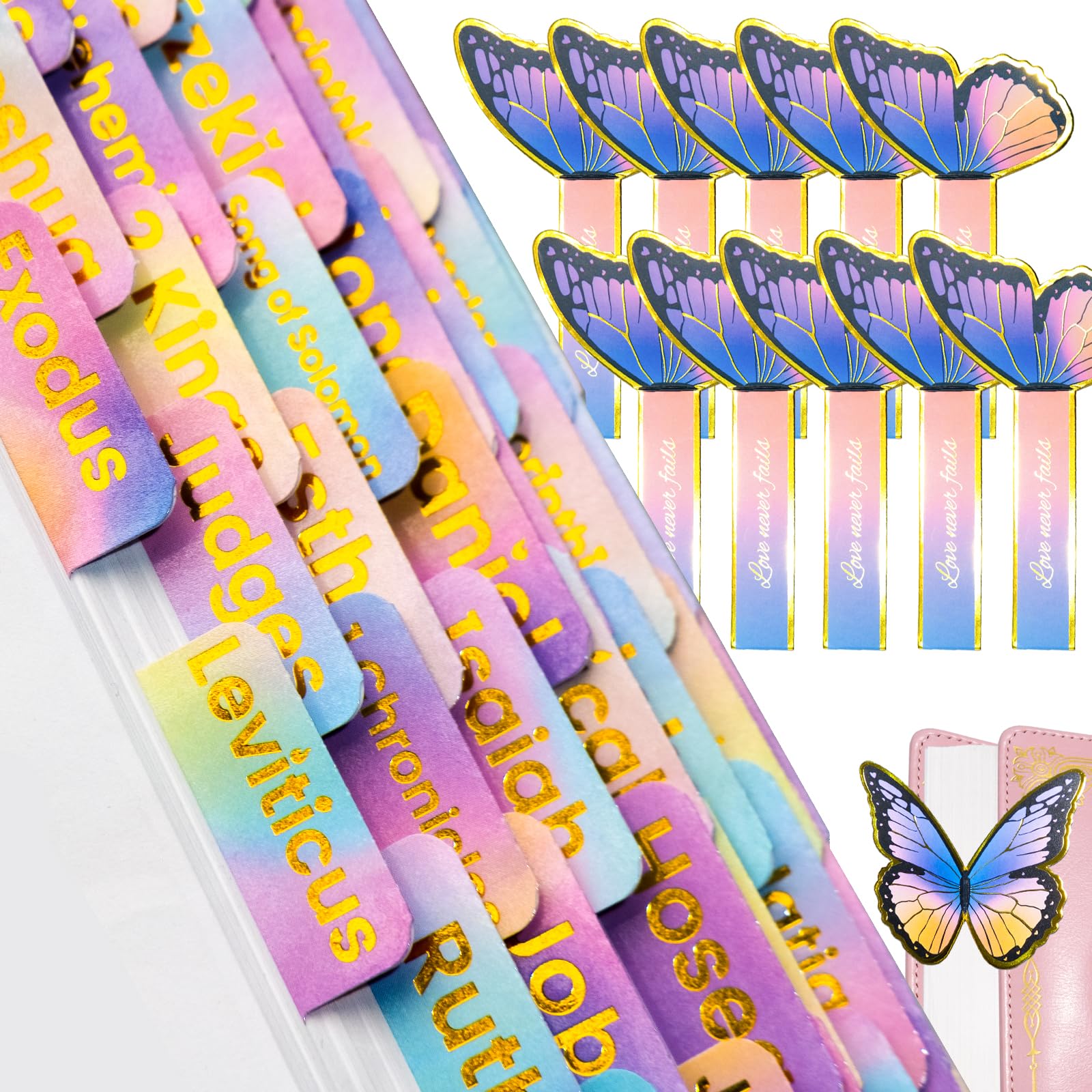 Bible Tabs with Unique Stickers, Gold Foil Laminated Bible Tabs for Women, Christian Gifts, Large Print Bible Book Index Tabs Labels, Bible Study Supplies (Rainbow HD10)