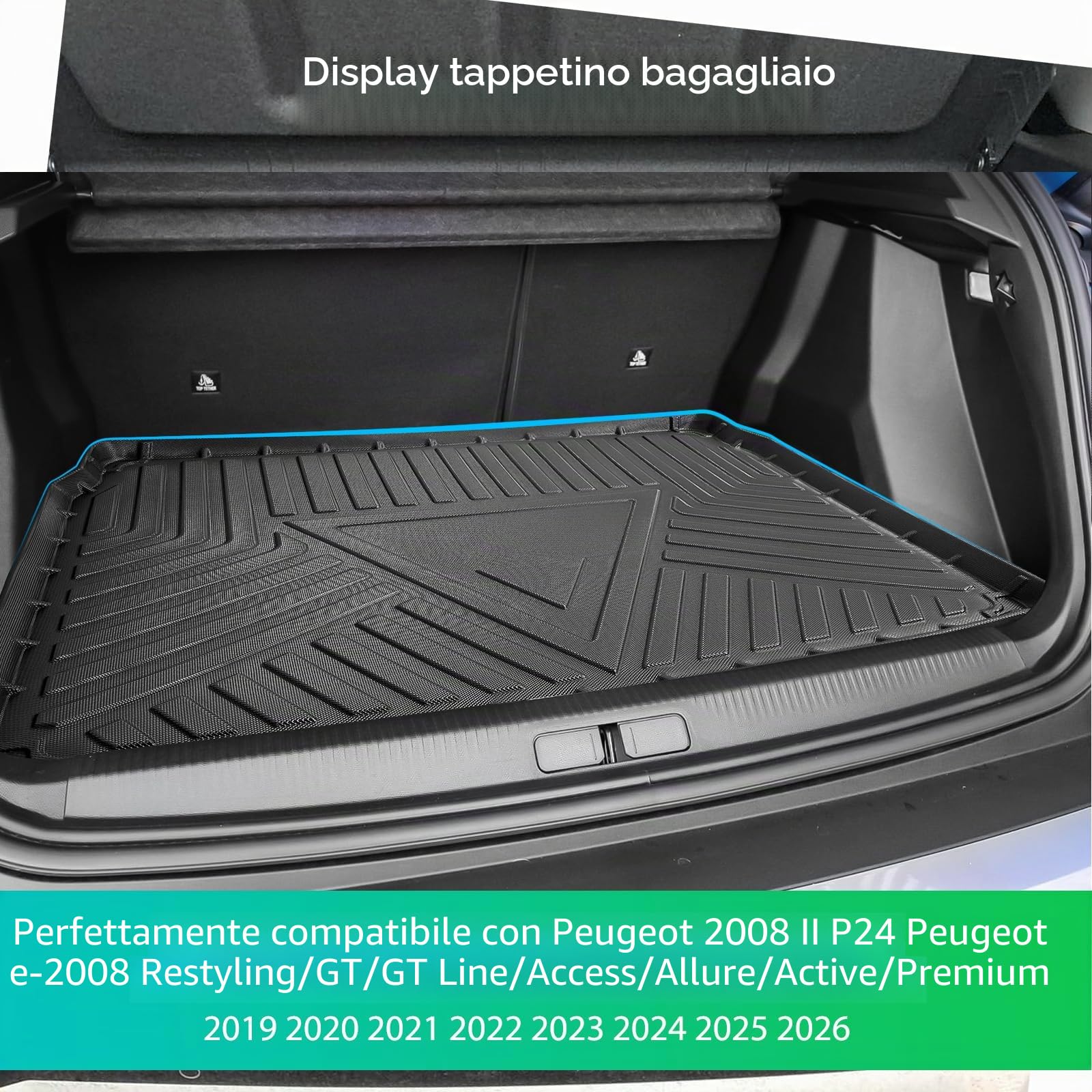 GAFAT Peugeot 2008 Restyling II 2020-2025 2026 Tappetino per Bagagliaio, Facile da Piegare, Peugeot 2008 P24 Tappetini TPE per Tutte le condizioni Atmosferiche, Bordo Alto [Piano di Carico Superiore]
