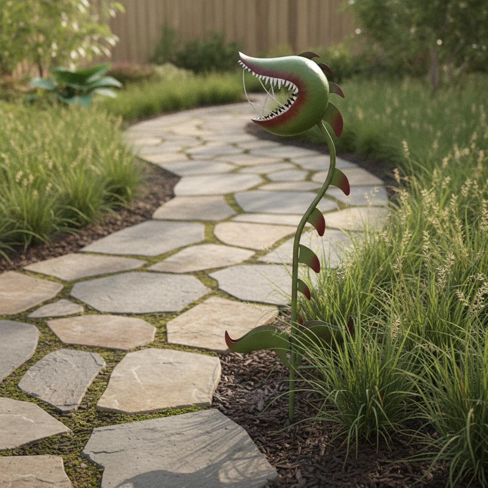 Skurriler Fleischfresserpflanzen-gartenpfahl aus Bemaltem mit Gebogenem Stiel Und Grünen Blättern für Kreative Gartengestaltung für Blumengärten Und Rasenflächen