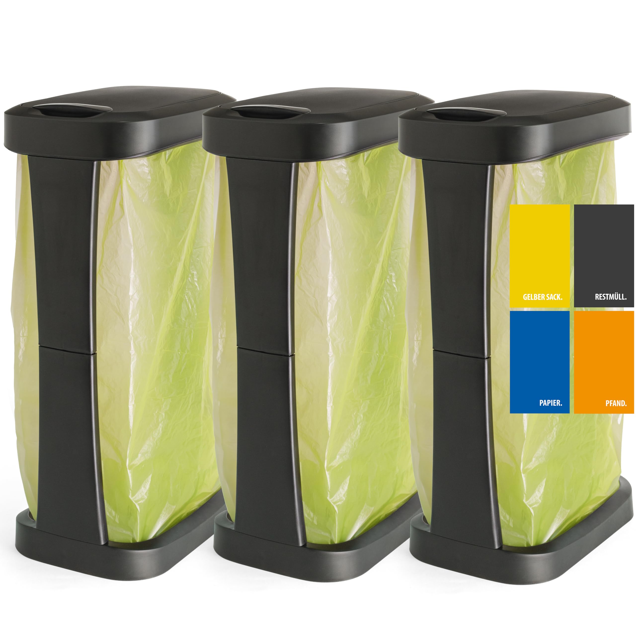 Hausfelder Müllsackständer Set, 3er Set, 60 l, Schwarz | 3er Set, 60 l, für Camping, mit Deckel, Müllsackständer, Gelber, fach, Müllsackhalter, geeignet, schwarz