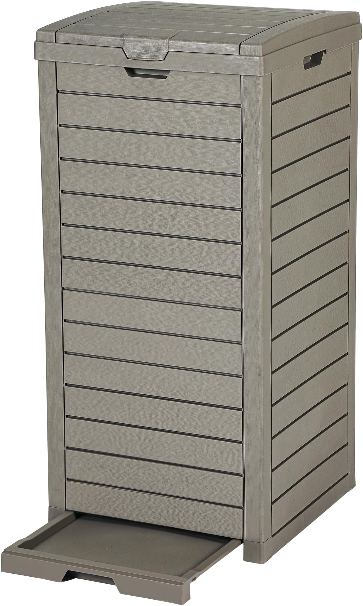 DWVO 38 Gallon Large Outdoor Trash Can, Waterproof Resin Hideaway Garbage Bin with Lid and Drip Tray, Outside Trash Bin for Porch, Backyard, Deck, Patio, Poolside, Easy to Clean, Taupe