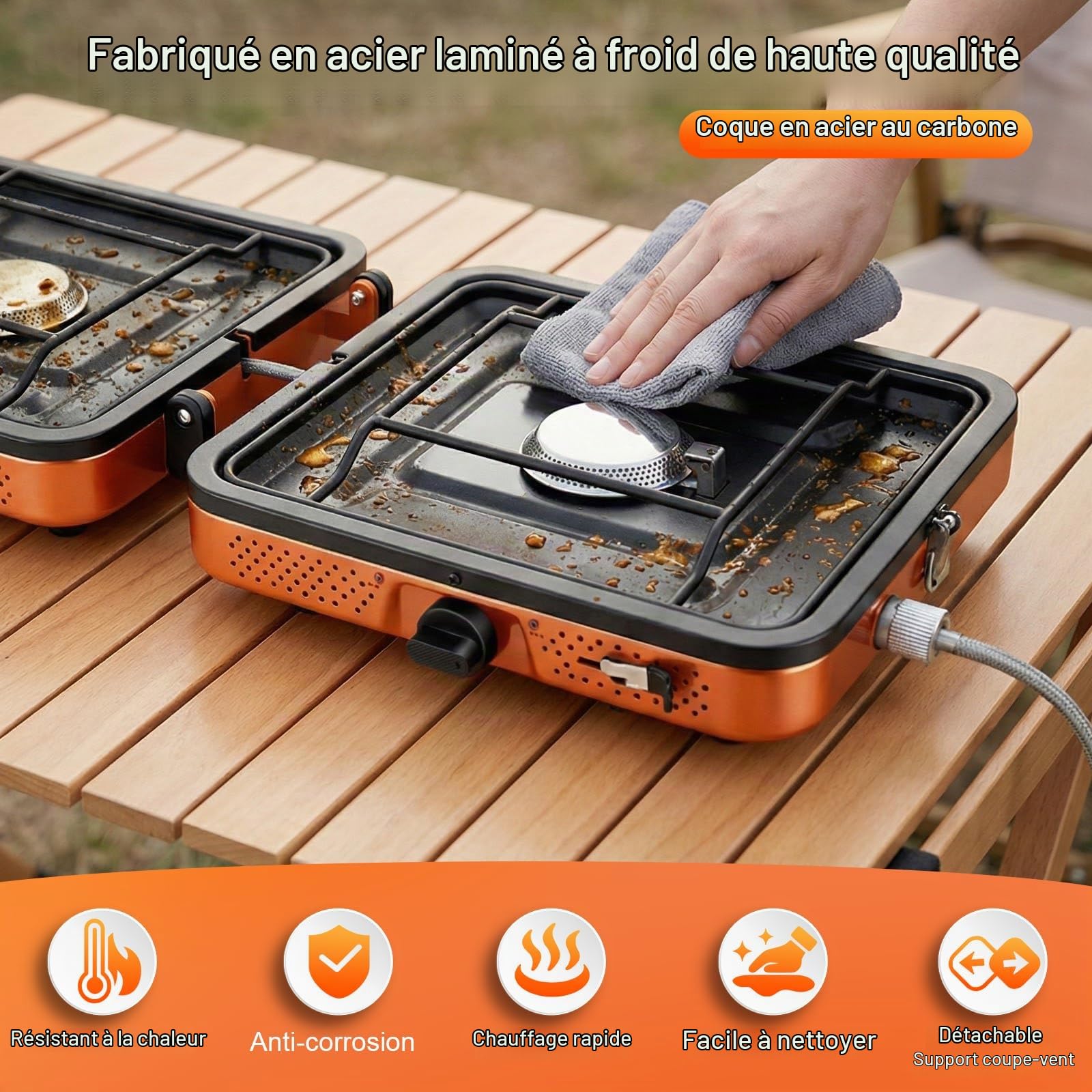 Réchaud de Camping Portable 2 Brûleurs 4400W, Cuisinière à Gaz Puissante pour Cuisson en Extérieur, Réchaud Pliable avec Allumage pour Randonnée Pique-nique Voyage
