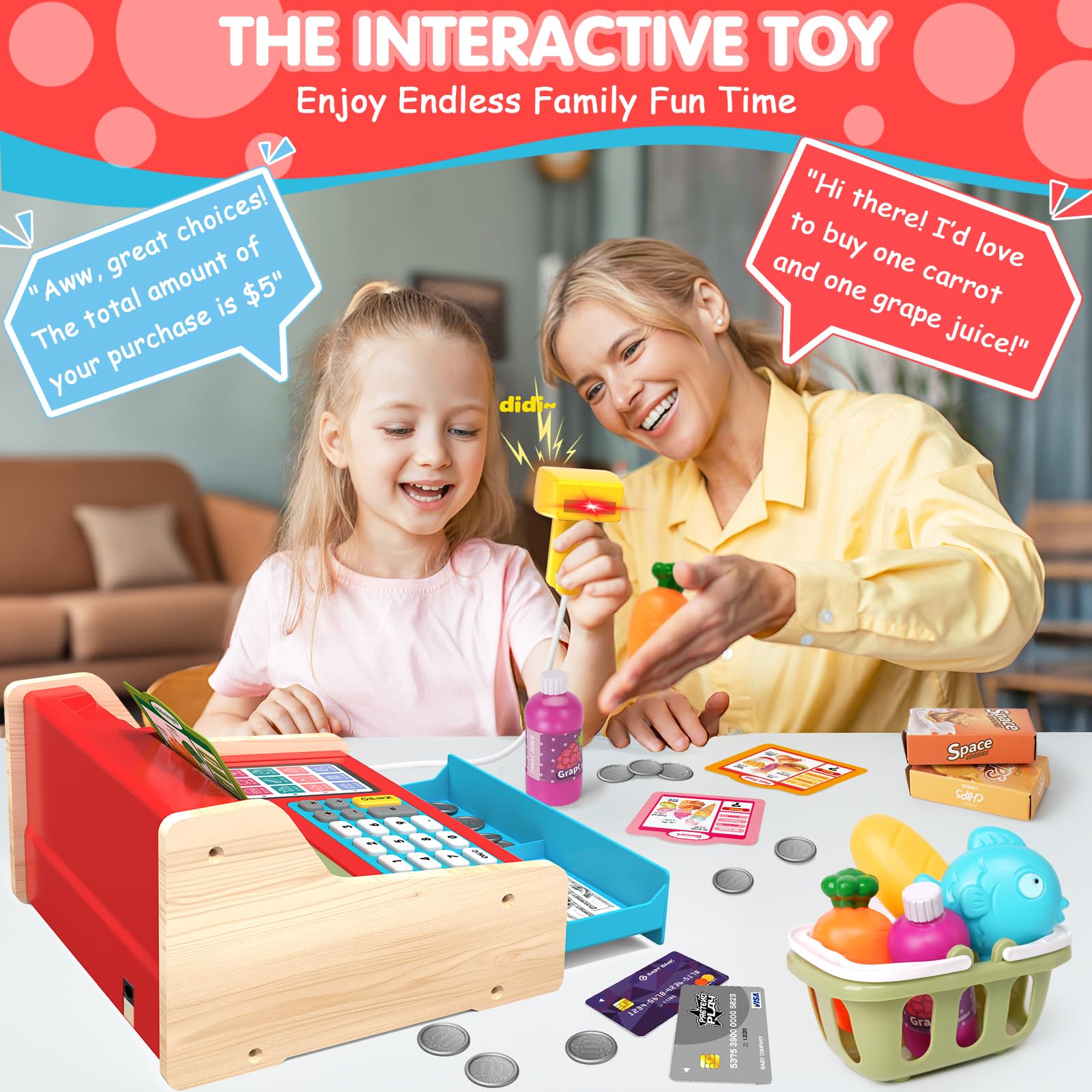 2025 Registratore di Cassa Giocattolo in Legno con Calcolatrice Scanner Giochi per Bambini 3+ Anni, Giocattoli per Negozi di Giochi Finti Regali Educativi per Ragazze Ragazzi 3 4 5 6 7 Anni, Rosso&Blu