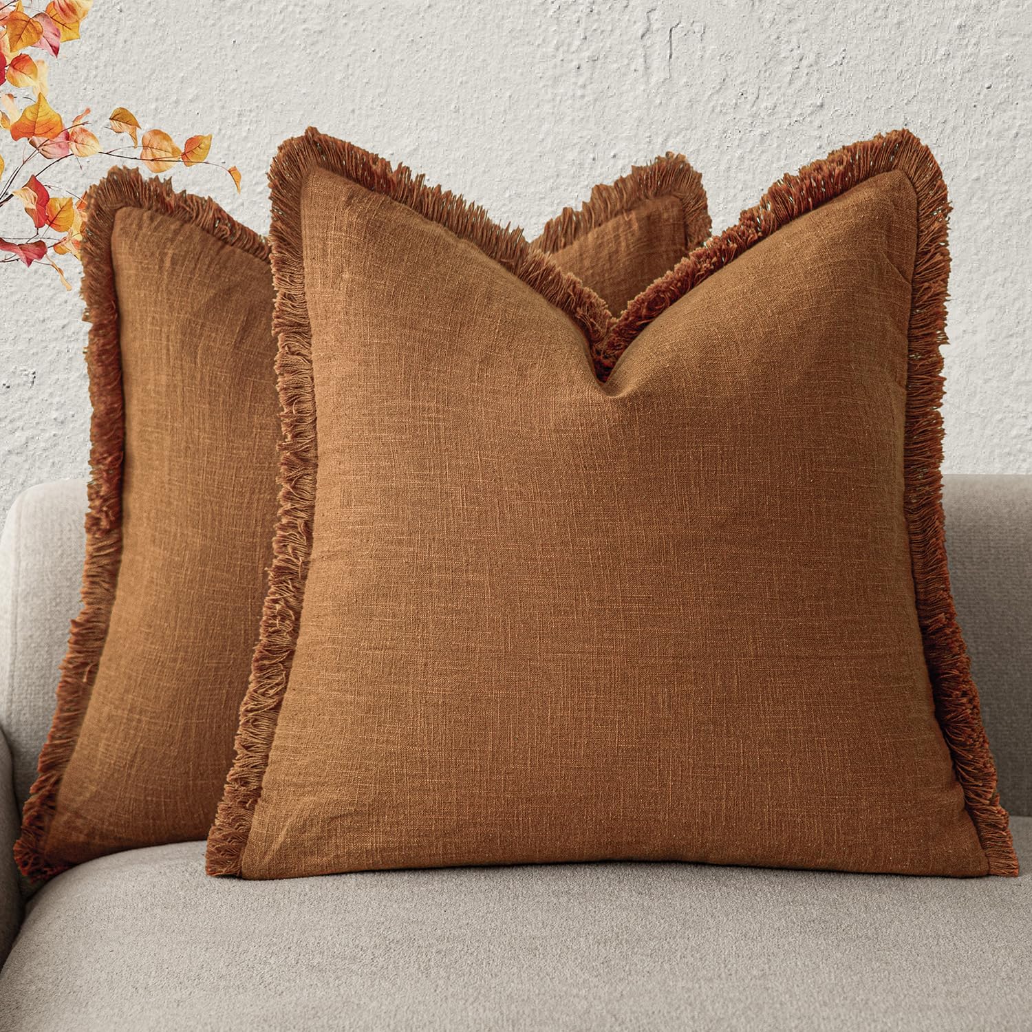Foindtower Set of 2 Decorative Linen Fringe Throw Pillow Covers Cozy Boho Farmhouse Cushion Cover with Tassels Soft Accent Pillowcase for Couch Sofa