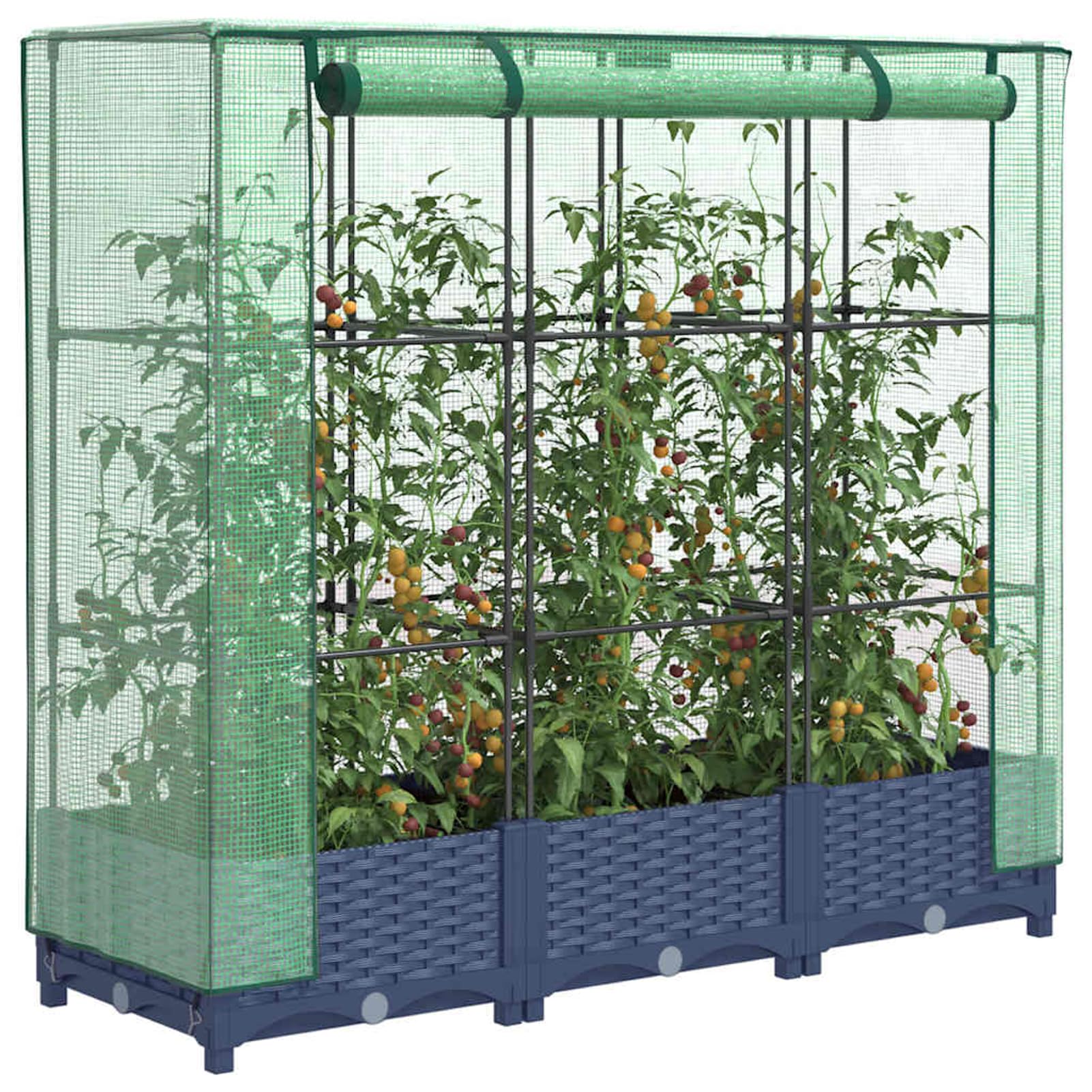 Gecheer Letto rialzato con Serra, Struttura in Ferro e Vasca in Polipropilene 120x40x123 cm Effetto Rattan Verde Grigio Blu, Copertura in polietilene per orto Balcone Giardino Cortile