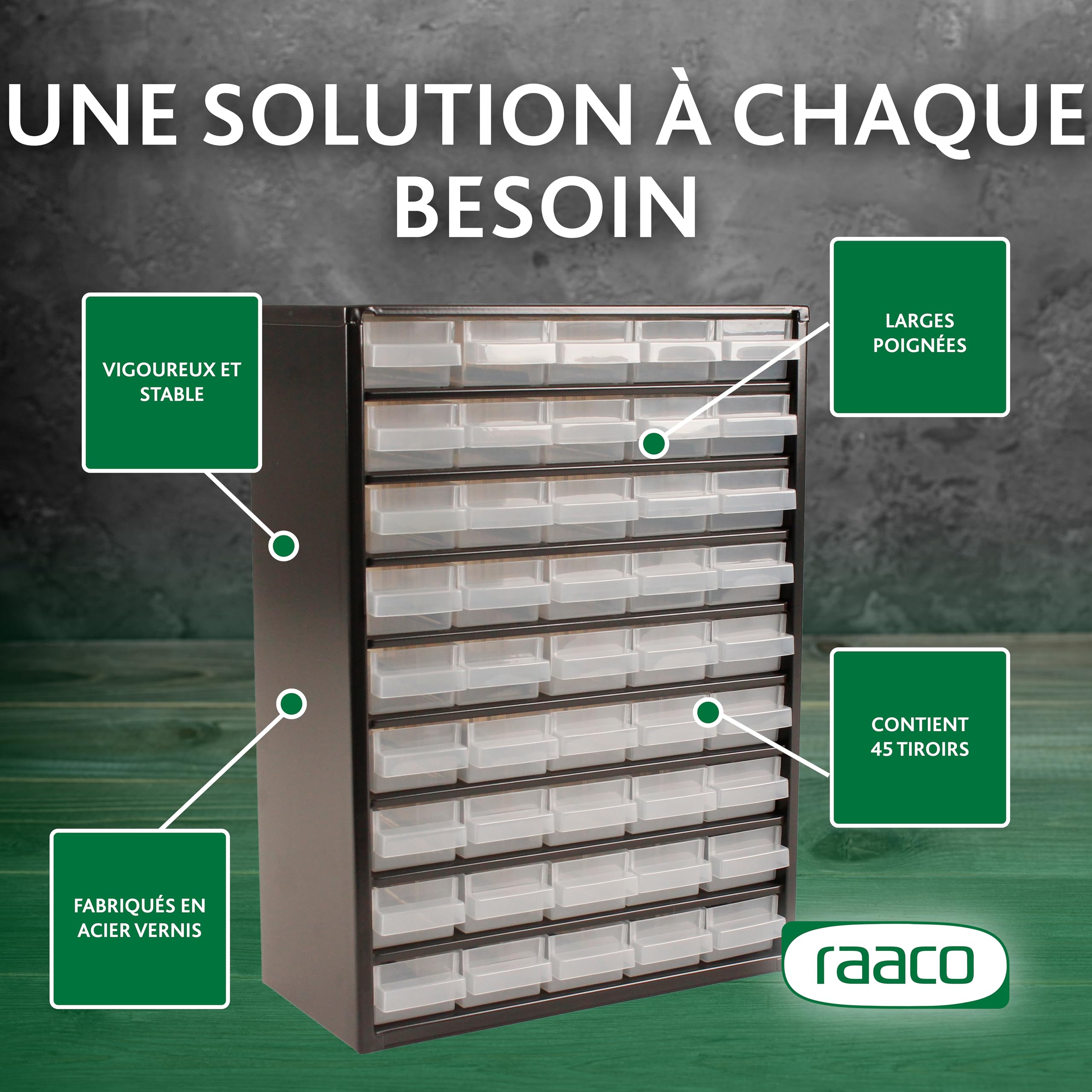 Raaco Casiers à Tiroirs C9-45, 45 tiroirs - Rangement Visserie Atelier | Cadre en Acier, 45 Tiroirs en Plastique, Charge 30 kg, 15 x 30,6 x 42 cm, Montable au Mur, pour Rangement Garage & Atelier
