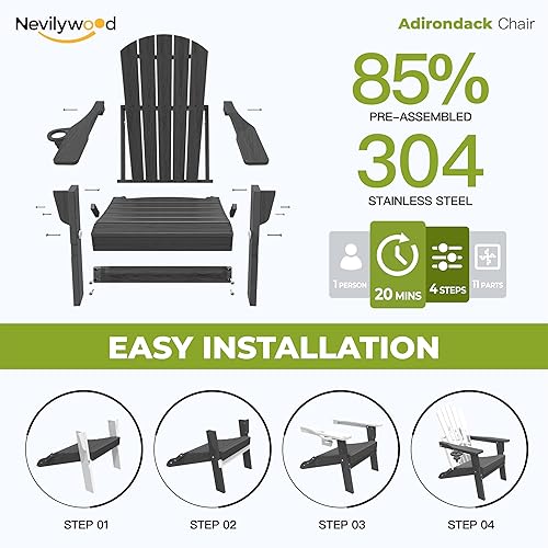 Miniatura 8 de nevilywood Silla Adirondack plegable, respaldo ergonómico extendido, portavasos, fácil montaje, plástico HDPE duradero, resistente a la intemperie y