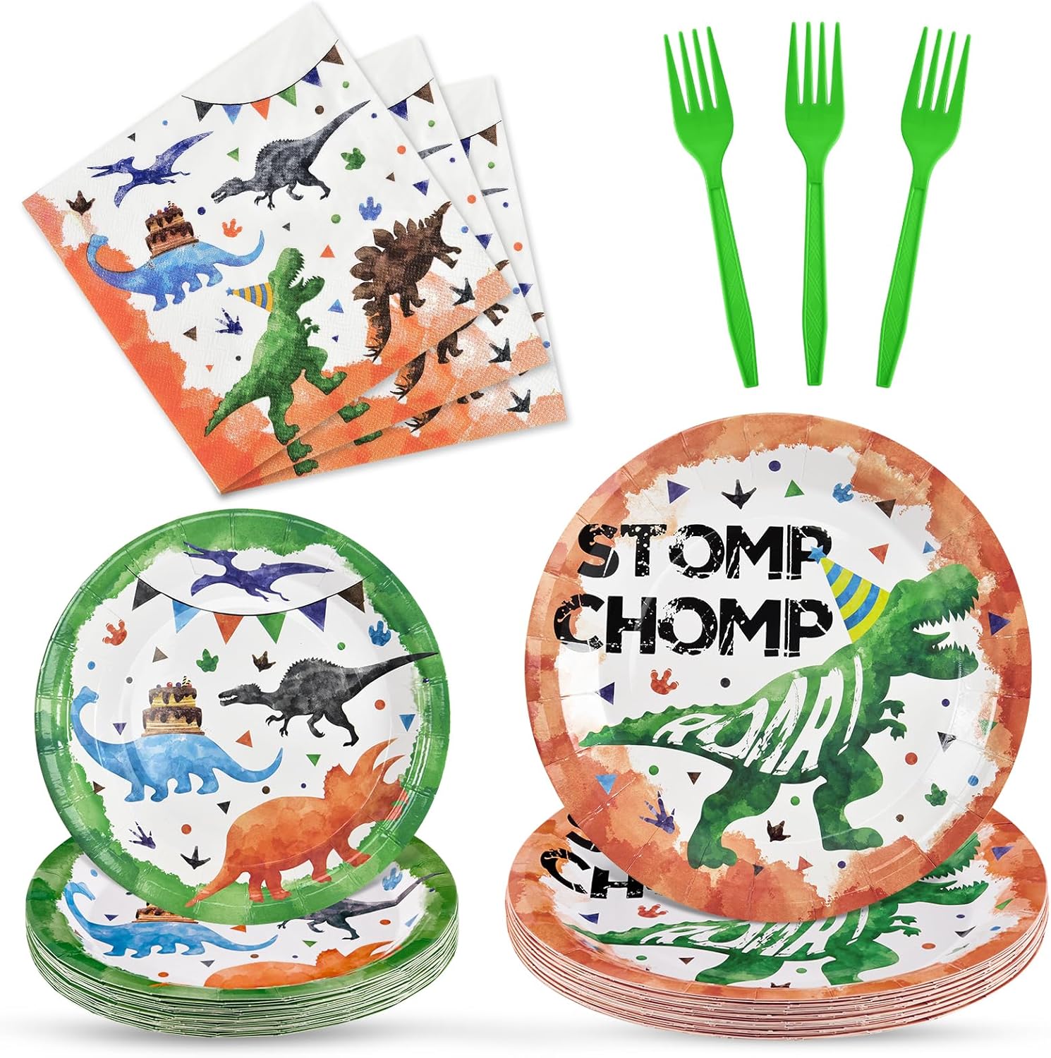 WERNNSAI Dinosaur Party Supplies - 96 PCS Dino Plates Napkins and Forks Set Dinosaur Theme Birthday Decoration Disposable Dinosaur Plates for Boys Birthday Serves 24 Guests