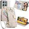 Funda tipo billetera para Motorola Edge 70 Fusion con portatarjetas HY-White | Cubierta folio plegable de cuero PU para mujer con flores y hojas, correa de muñeca, bolsillo con cierre y soporte para Moto Edge 70 Fusion 1