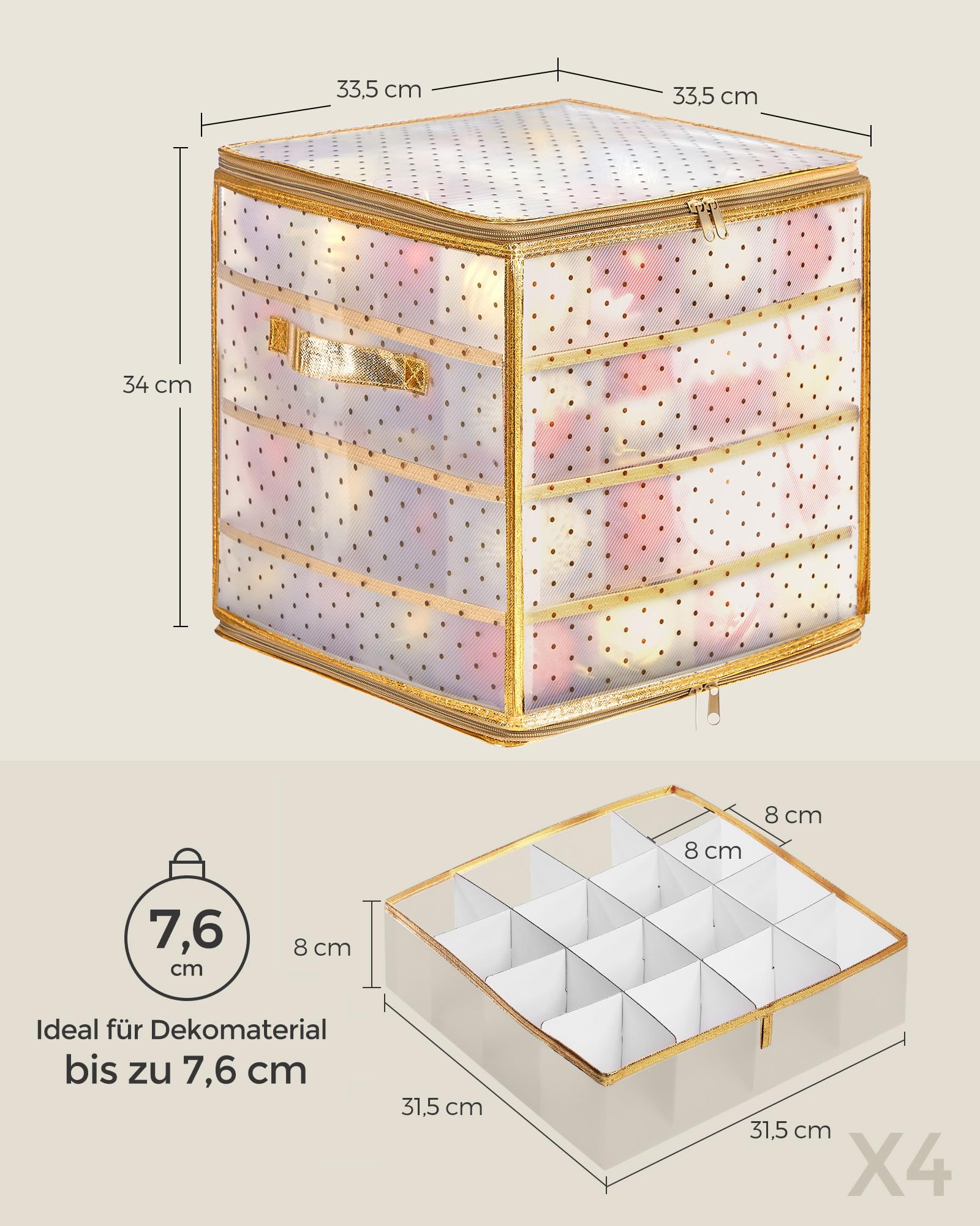 SONGMICS Aufbewahrungsbox für Weihnachtskugeln, Weihnachtskugeln Aufbewahrung, 64 Fächer je 7,6 cm, herausnehmbare Tabletts, 33,5 x 33,5 x 34 cm, sandiges Gold RFB029A03