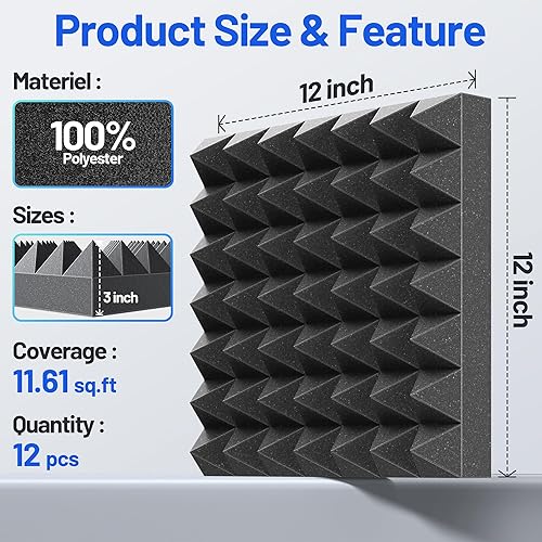 Miniatura 6 de Paquete de 12 paneles de espuma piramidales a prueba de sonido para paredes con paneles acústicos de alta densidad autoadhesivos actualizados de 3 x