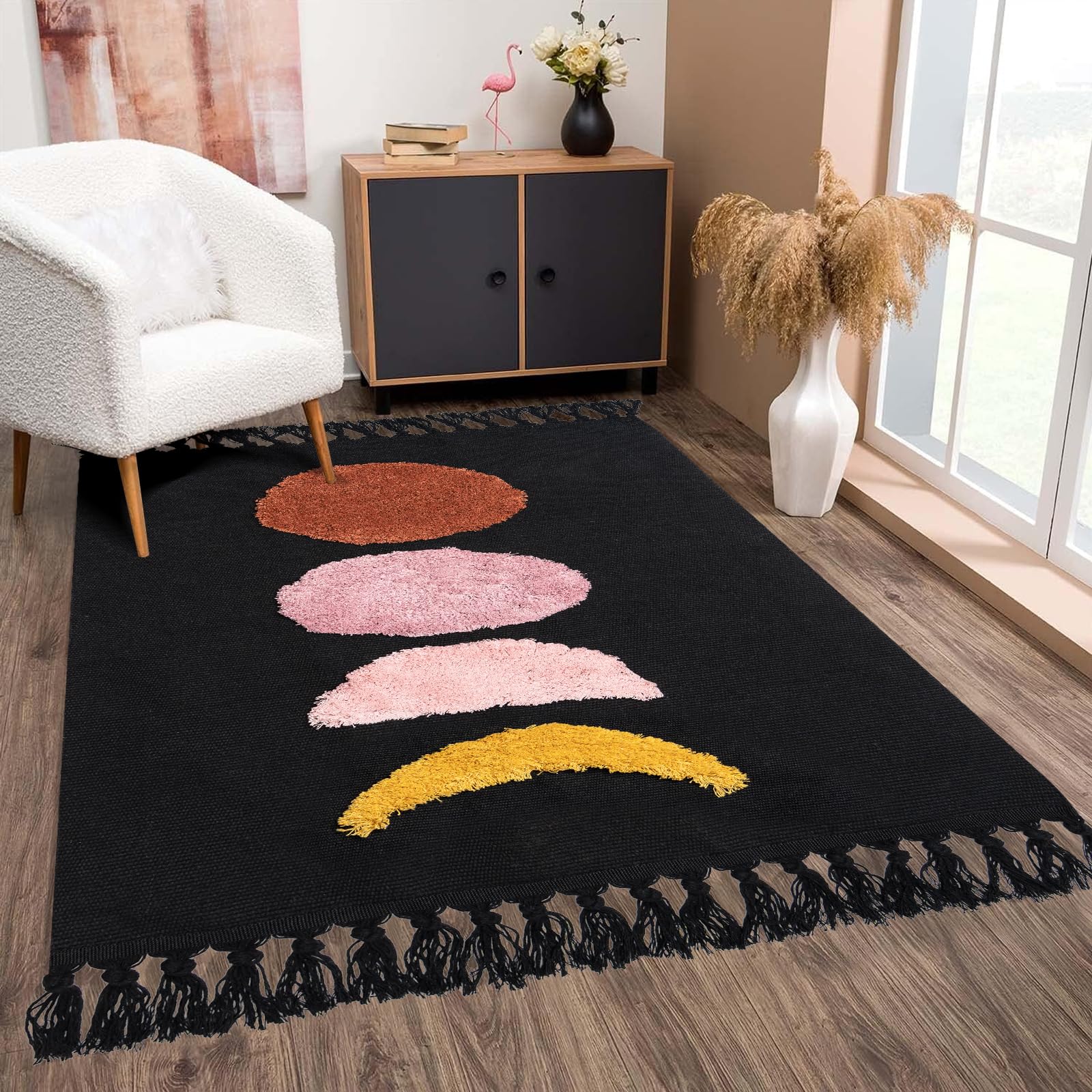 LINROMIA Boho Alfombra Salon Grande 120x180cm,Negro Luna Alfombra de Algodón con Borlas Tejidas, Alfombra Lavable para Baño, Cocina, Salon, Dormitorio, Entrada