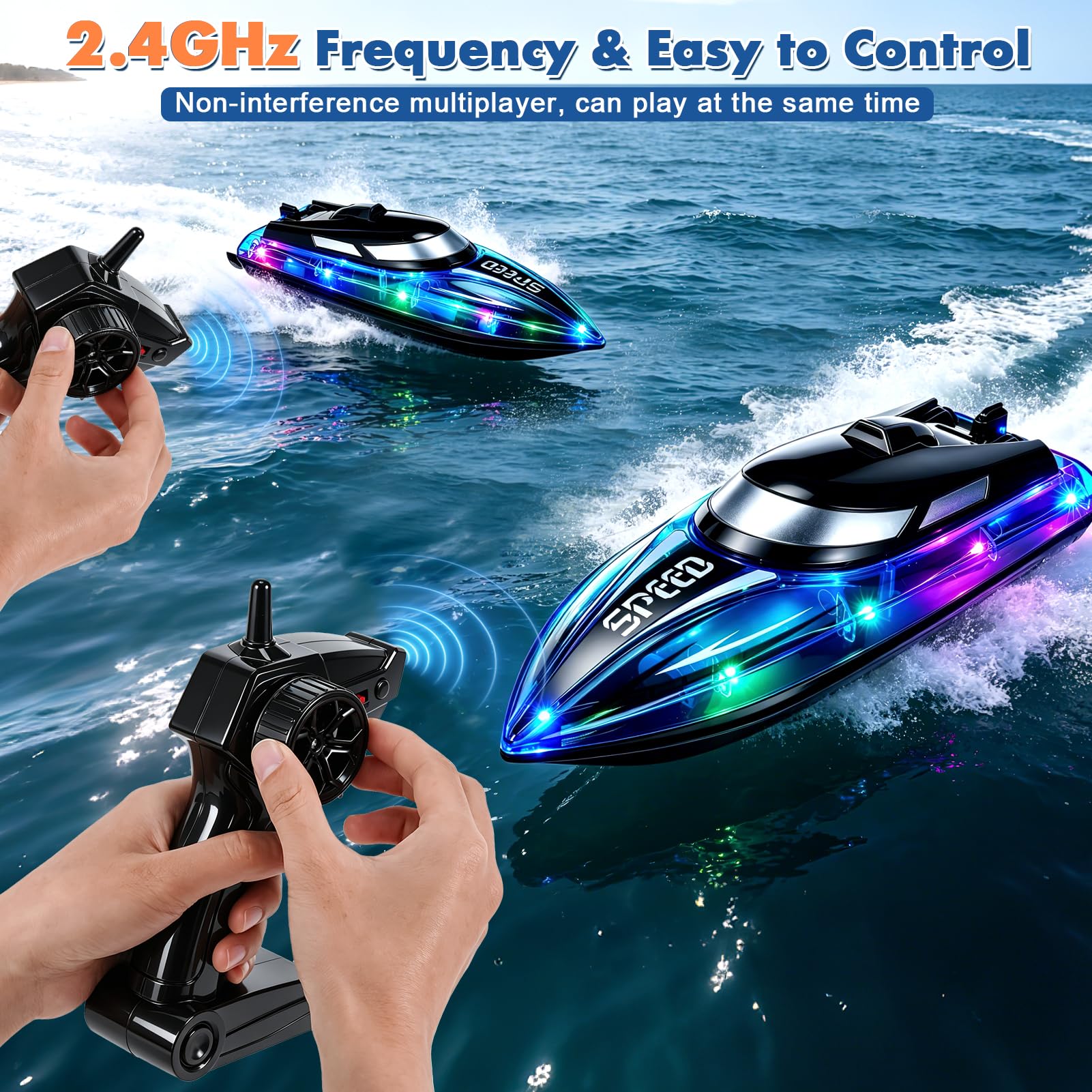 Barco Teledirigido para niños y Adultos, 2.4 GHz Barco de Control Remoto con luz RGB, Barco eléctrico Alta Velocidad 20 km/h Hélices Dobles Autoadrizable lanchas de Carreras para Piscinas Lagos