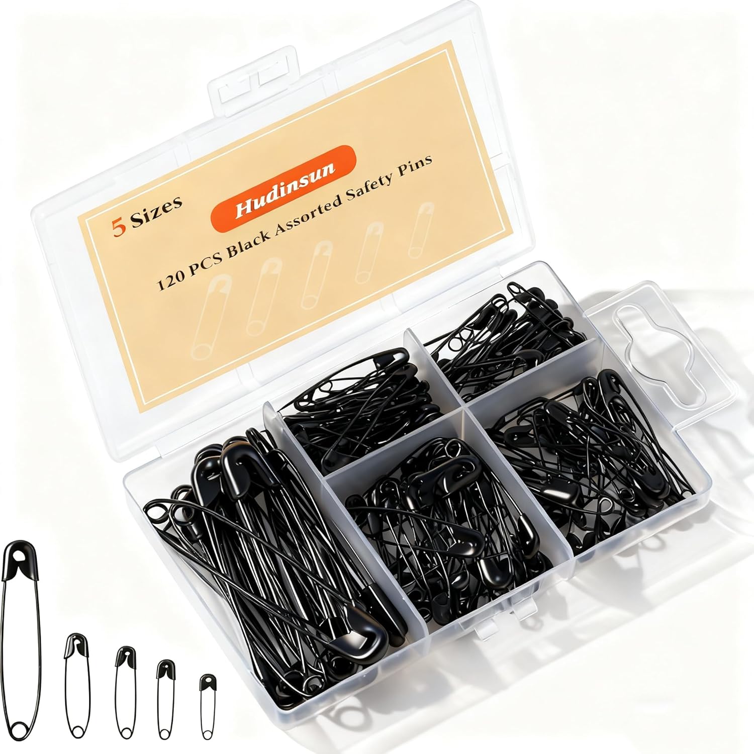 Hudinsun 120 Pack Black Safety Pins Assorted 5 Sizes Small Large Bulk for Sewing Crafts Clothes Rustproof Organizer