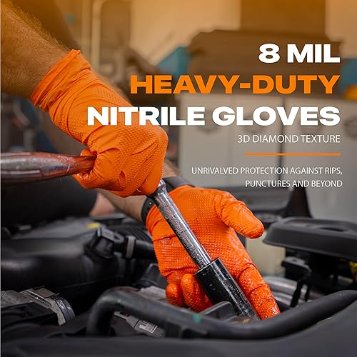 Miniatura 4 de GRIPXX Herkules Grip - Guantes de nitrilo naranja resistentes de 8 mil, textura de diamante elevado 3D, sin látex y polvo, industrial, mecánico