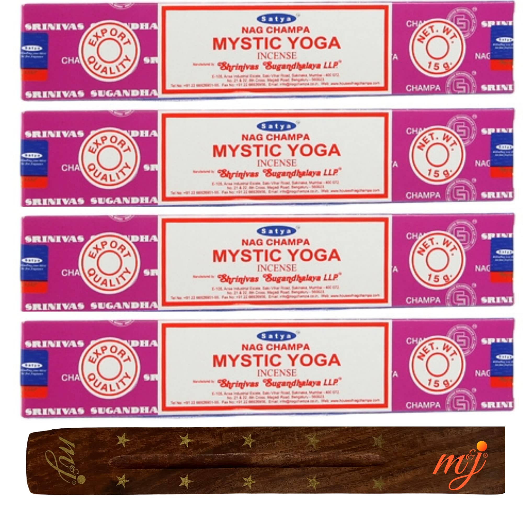 M & J Original Satya Nag Champa Mystic Yoga Incense Sticks | With M&J Incense Sticks Holder | X4 Pack | For Aromatherapy, Spa, Yoga, Weddings, Meditation, Healing, Positivity And Relaxation