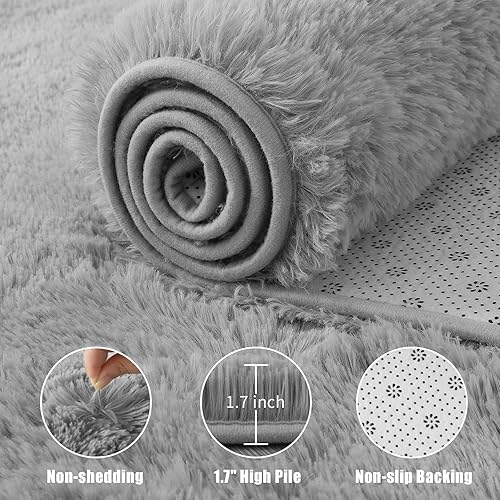Miniatura 6 de Macgace Alfombras esponjosas para decoración de dormitorio, alfombra de pelo largo gris de 3 x 5 pies con puntos antideslizantes para sala de estar,