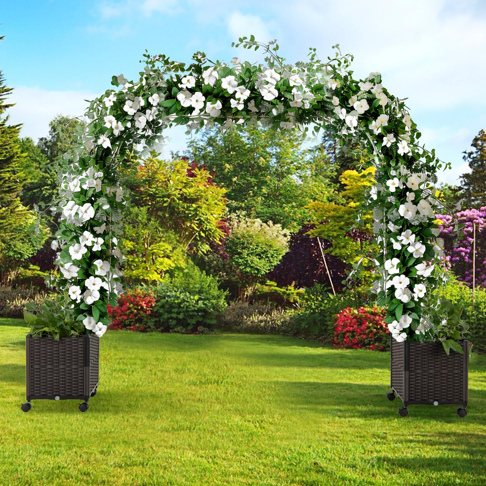GOPLUS Rosenbogen mit Pflanzkästen, Gartenbogen mit Metallrahmen, selbstbewässernden Pflanzkästen mit Rollen, Torbogen Garten, Rosen Rankhilfe, Pergola mit Blumenkasten (288 x 40 x 202 cm)