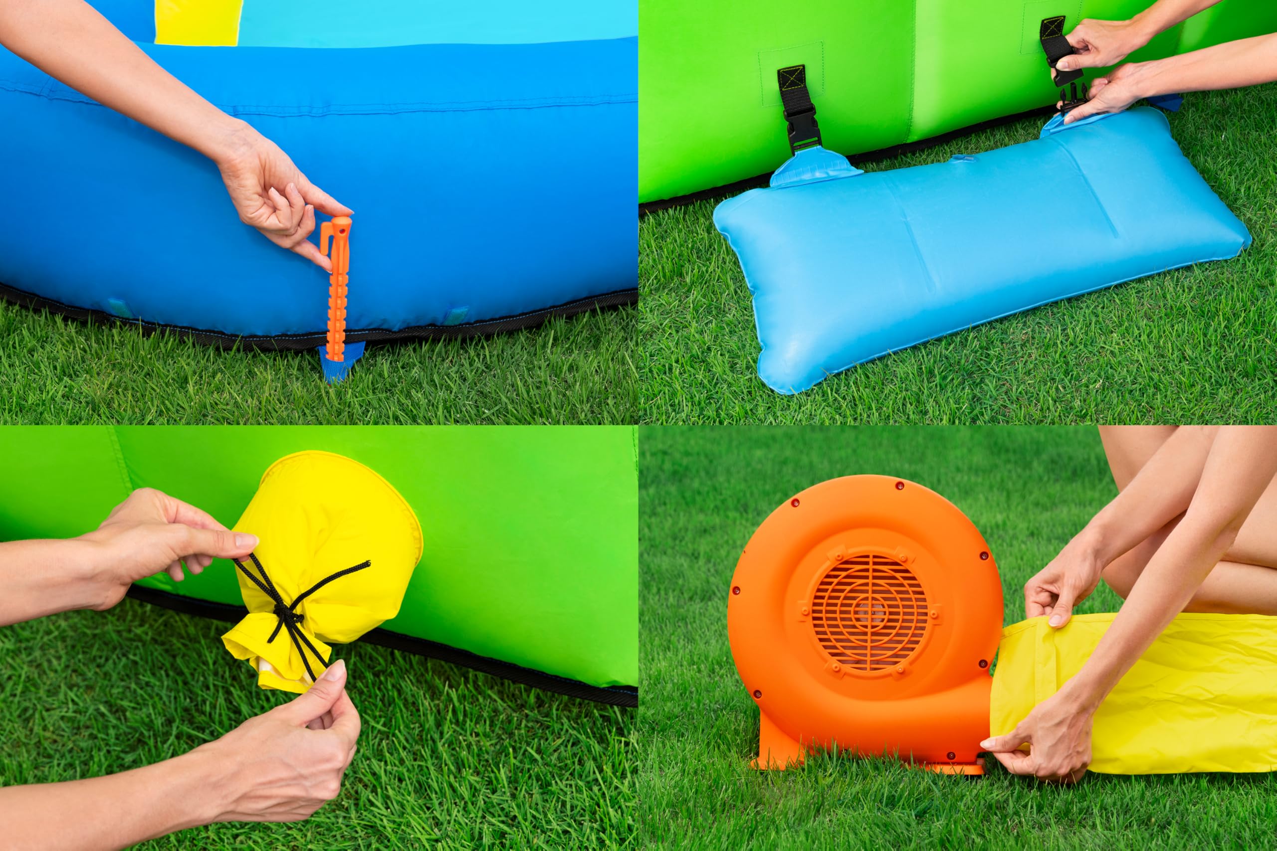 Bestway H2OGO! Mega-Wasserpark Wasserberg, 435 x 286 x 267 cm, für 5 Kinder, Rutsche, Kletterwand, Wasserkanone, Dauergebläse, PVC-beschichtetes Polyester, ab 5 Jahren, Tasche, Reparatur-Set