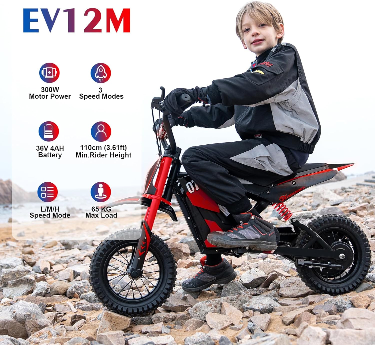 Child riding EVERCROSS EV12M Electric Motorcycle with key features highlighted
