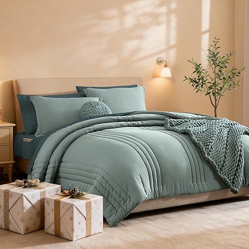 Miniatura 2 de Monbix Queen Comforter Set - 7 Pieces Sage Green Bed in a Bag Queen Bedding Sets with Comforters, All Seasons Comforter Bed Set with